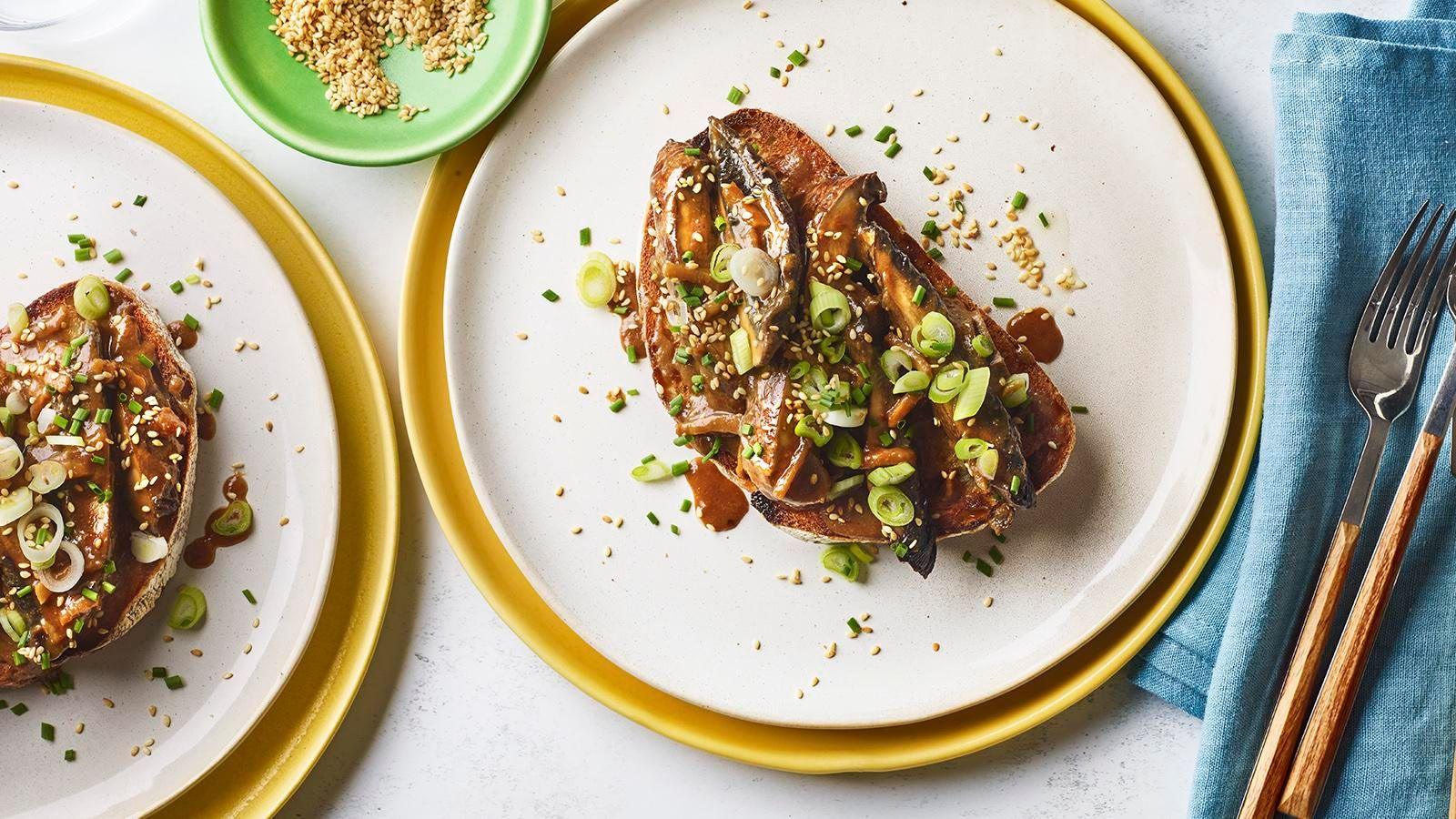 Miso-braised mushrooms on toast