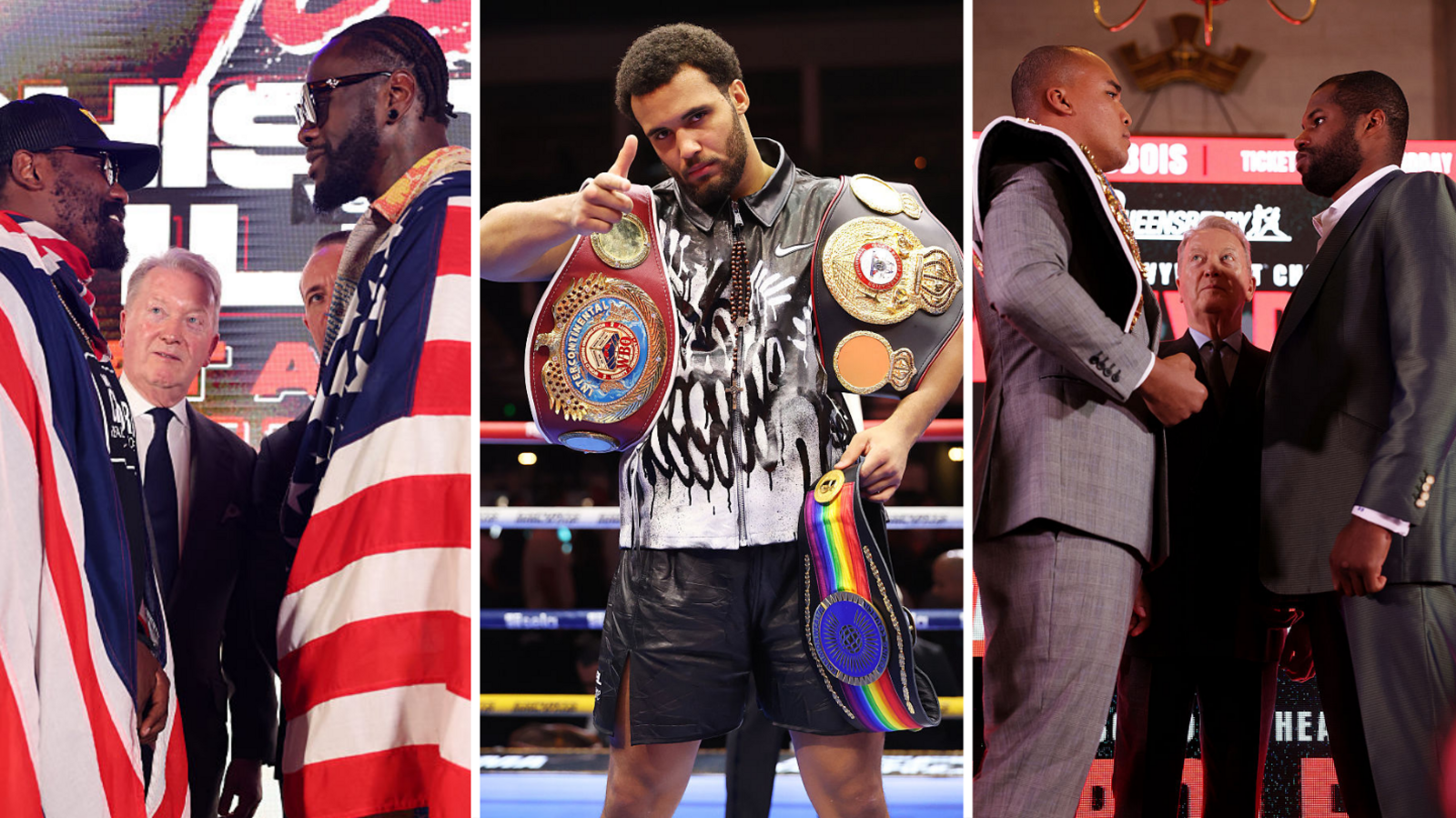 Split image of Derek Chisora facing off with Deontay Wilder, Moses Itauma celebrating in the ring and Fabio Wardley facing off with Daniel Dubois