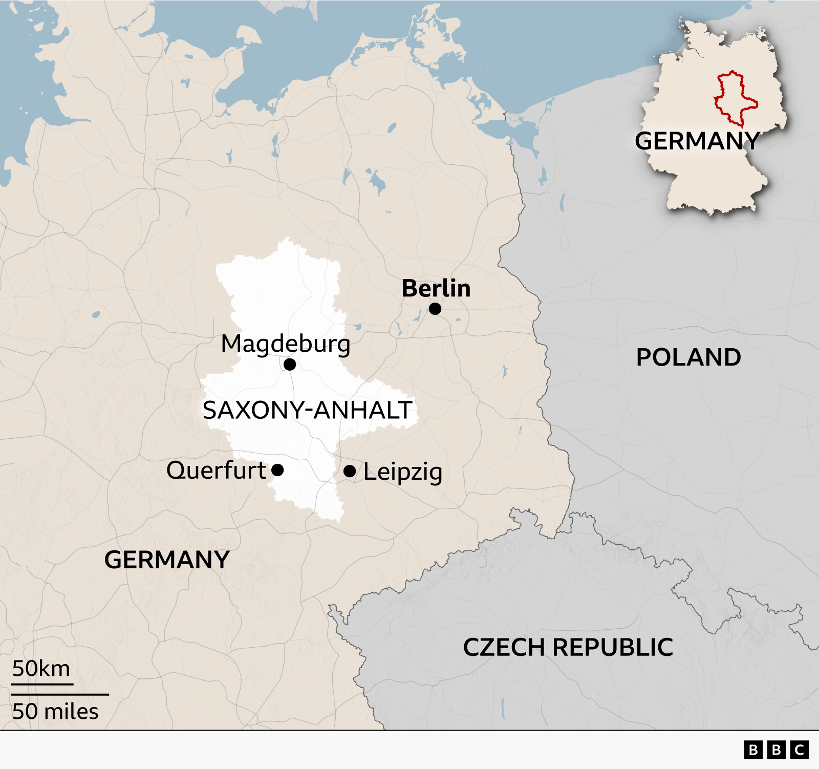 Map of eastbound Germany highlighting the authorities of Saxony-Anhalt successful white. Key locations marked see Magdeburg (the authorities capital), Querfurt and Leipzig wrong oregon adjacent the highlighted area, and Berlin to the northeast. Poland is shown to the eastbound and the Czech Republic to the south. An inset representation successful the apical close shows the determination of Saxony-Anhalt wrong Germany. A standard barroom indicates 50 km and 50 miles. BBC logo successful the bottommost close corner.