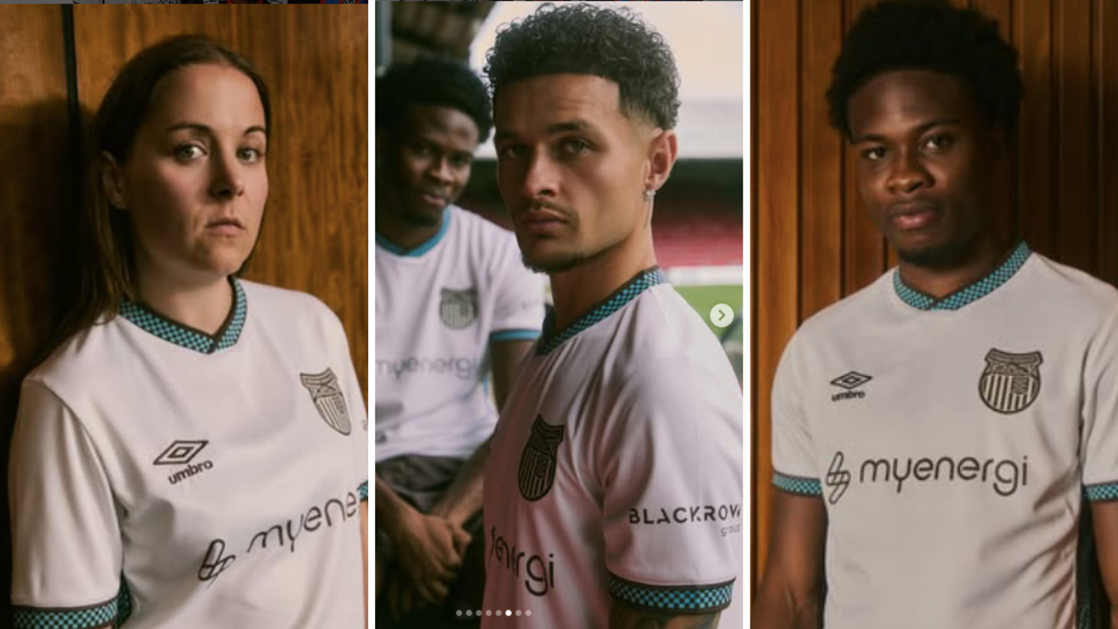 Danielle Brighton (left), George McEachran (middle) and Tyrell Warren (right) model new Grimsby Town third kit.
