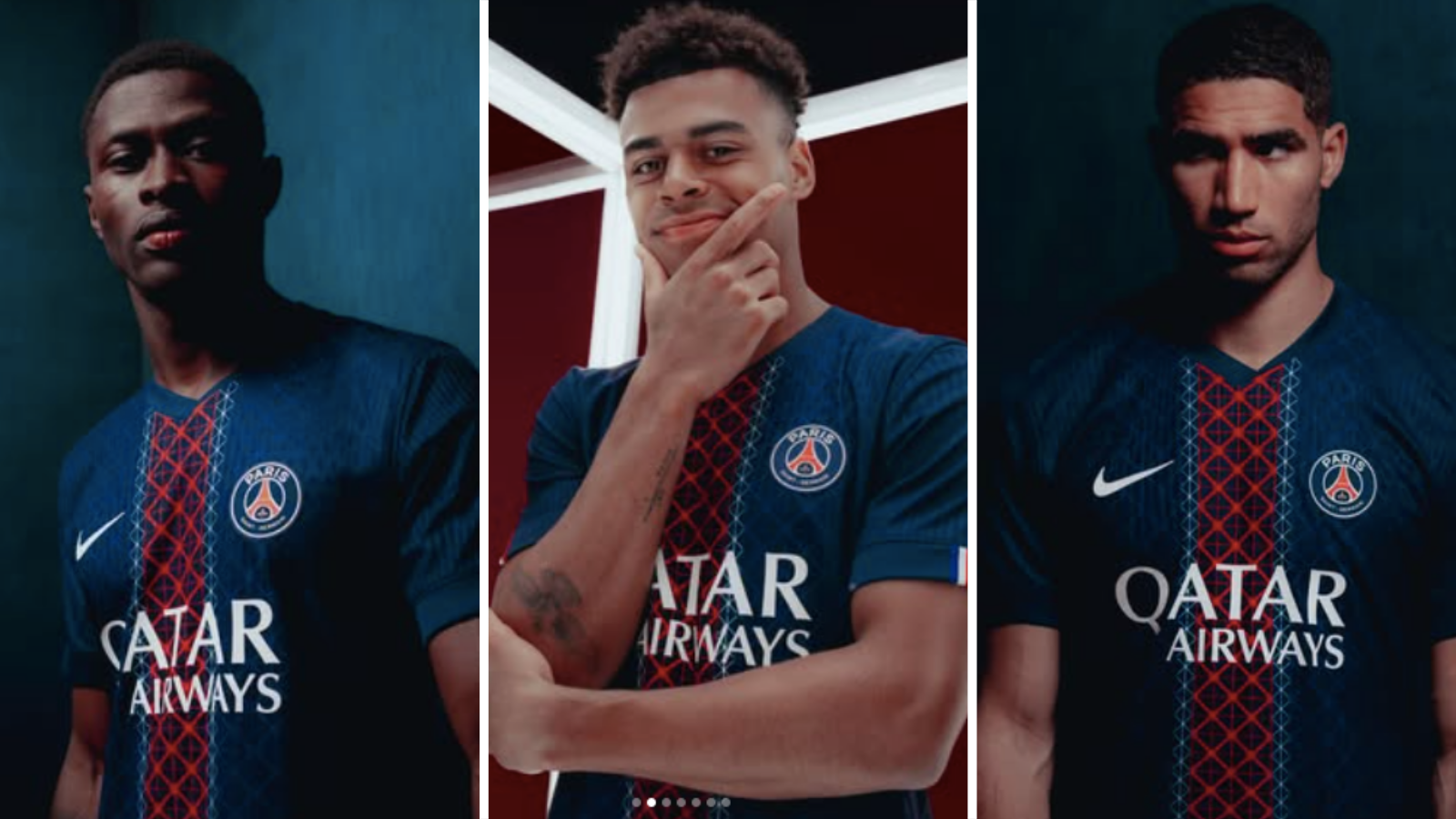Nuno Mendes, Desire Doue and Achraf Hakimi in new Paris Saint Germain home kit.