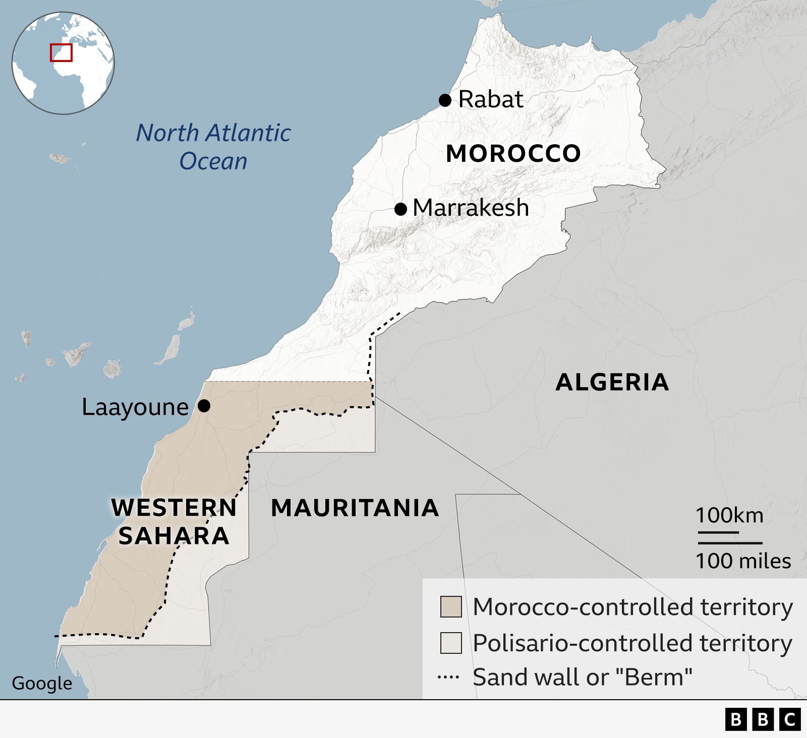 A map of Western Sahara, showing areas under the control of Morocco and areas under the control of Polisario