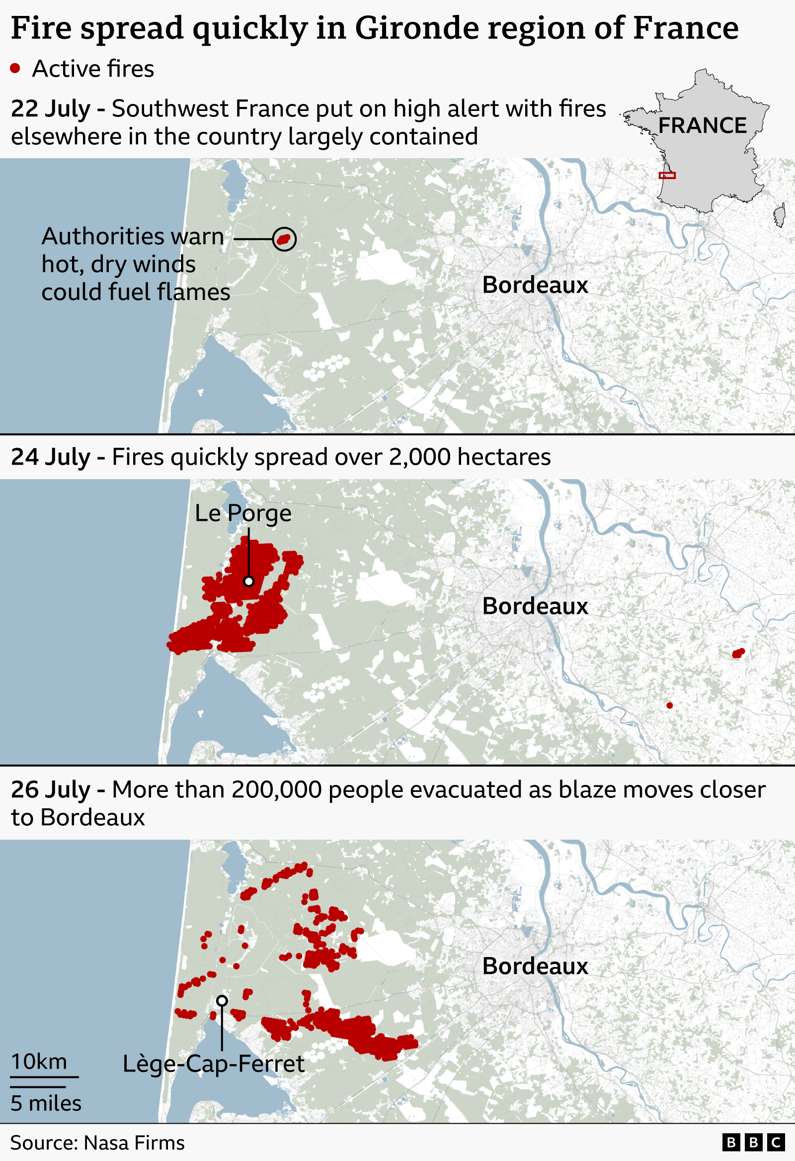 Three maps show how fires spread quickly from a high alert warning that hot, dry winds could fuel flames on 22 July, to fires spreading to over 2,000 hectares on 24 July, then to more than 200,000 people evacuated by 26 July. 