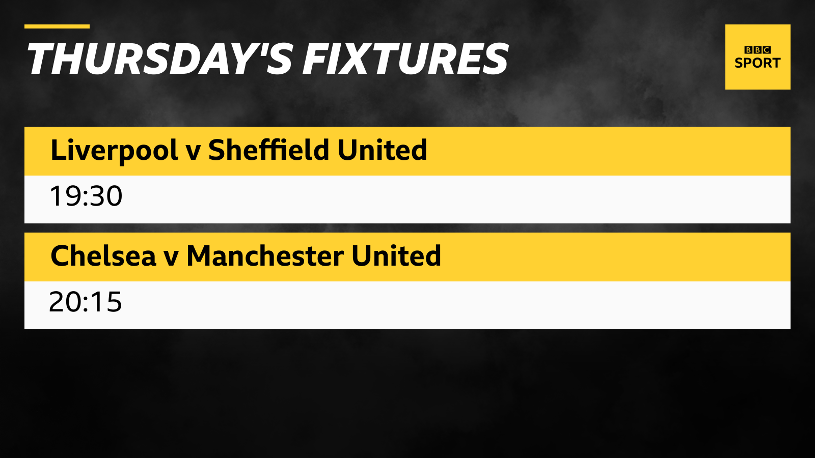 Thursday's Premier League fixtures: Liverpool v Sheffield United 19:30, Chelsea v Manchester United 20:15