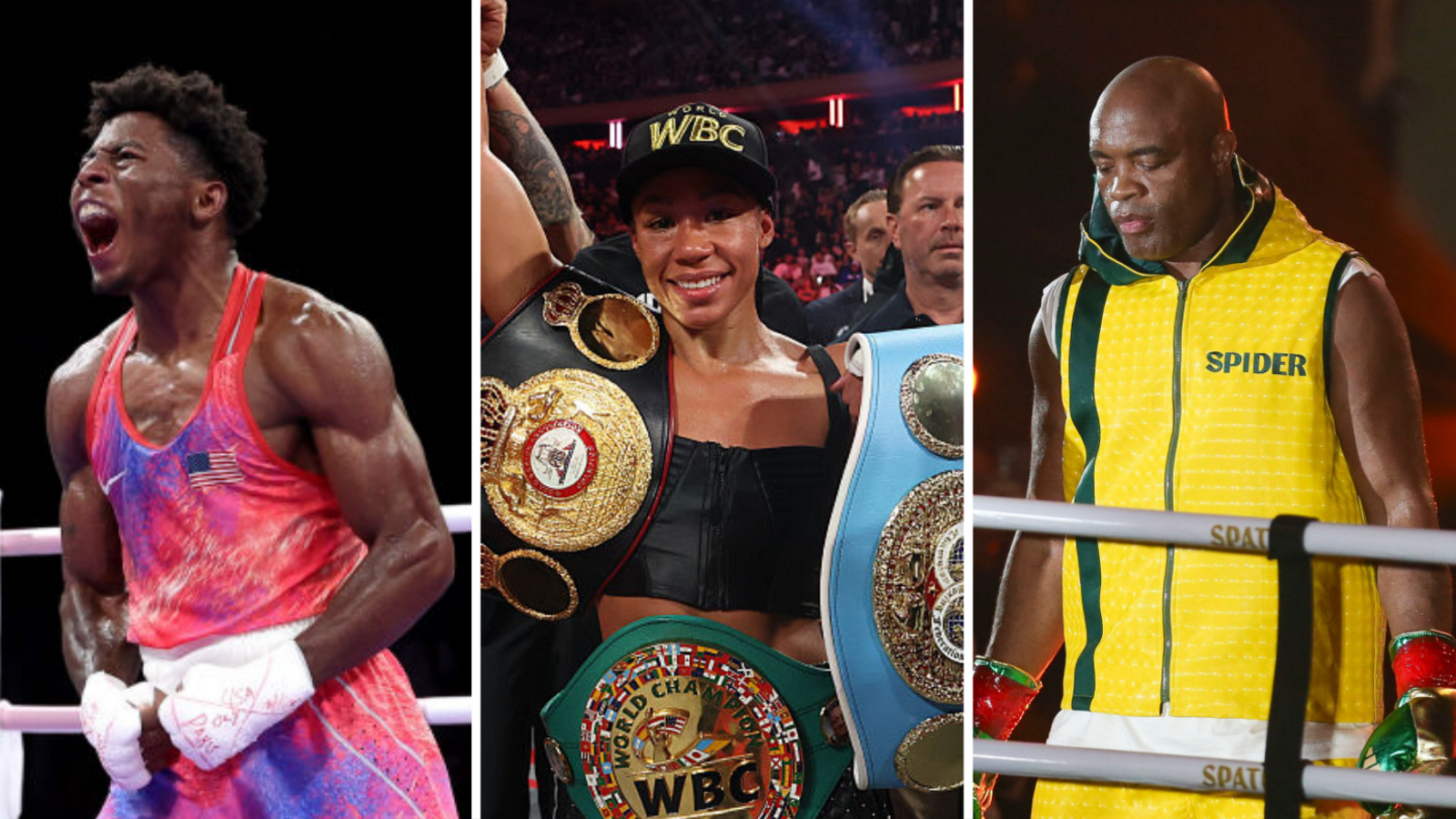 Split image of Jahmal Harvey celebrating, Alycia Baumgardner with her belts and Anderson Silva wearing a yellow ringwalk out