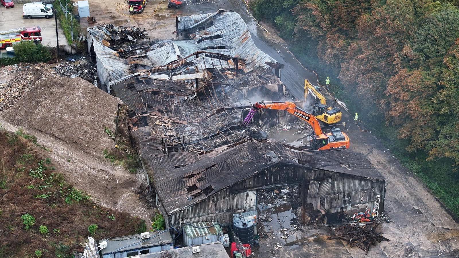 An aerial view of the extent of the burnt building