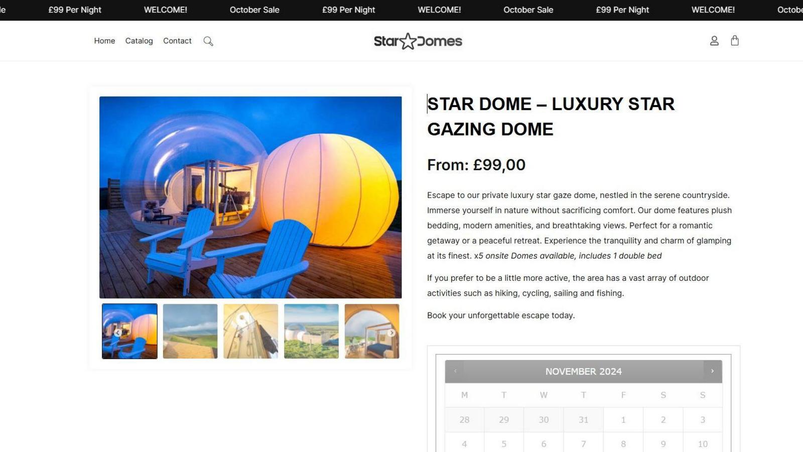 A scam website with pictures of glamping bubble pods and text describing a £99 luxury stay in Yorkshire. 