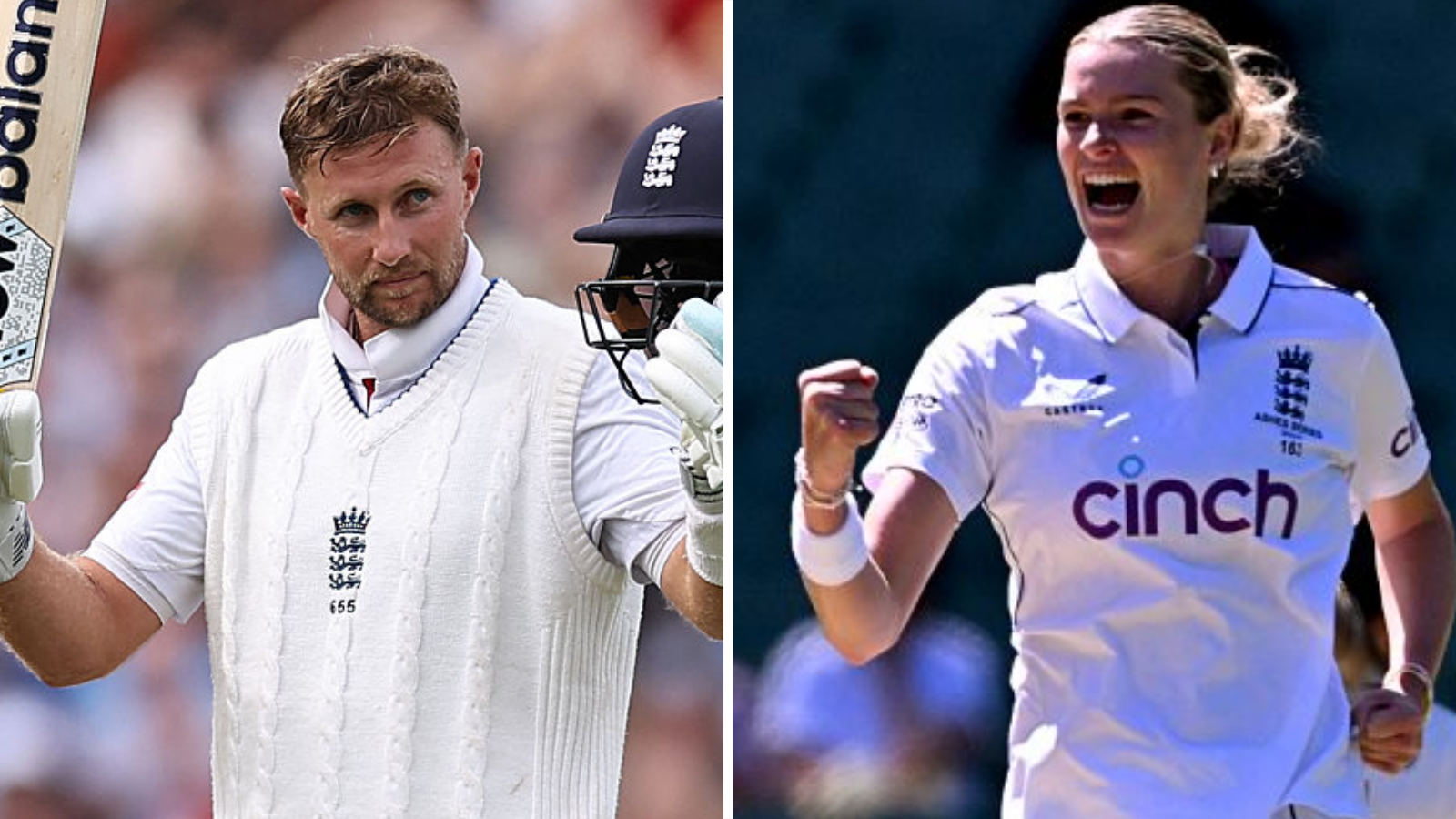 Joe Root celebrates a Test century and Lauren Bell celebrates taking a wicket in the day-night Test against Australia at the start of 2025