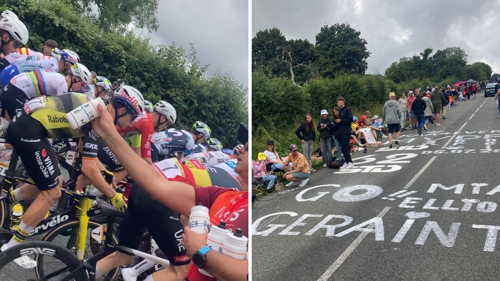 An Ineos Grenadiers soigneur hands out bottles on the second stage of the 2025 Tour de France