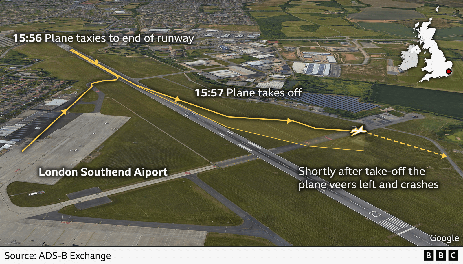 A graphic illustrates how a plane crash unfolded in real time on a photo of the airport runway in question.
