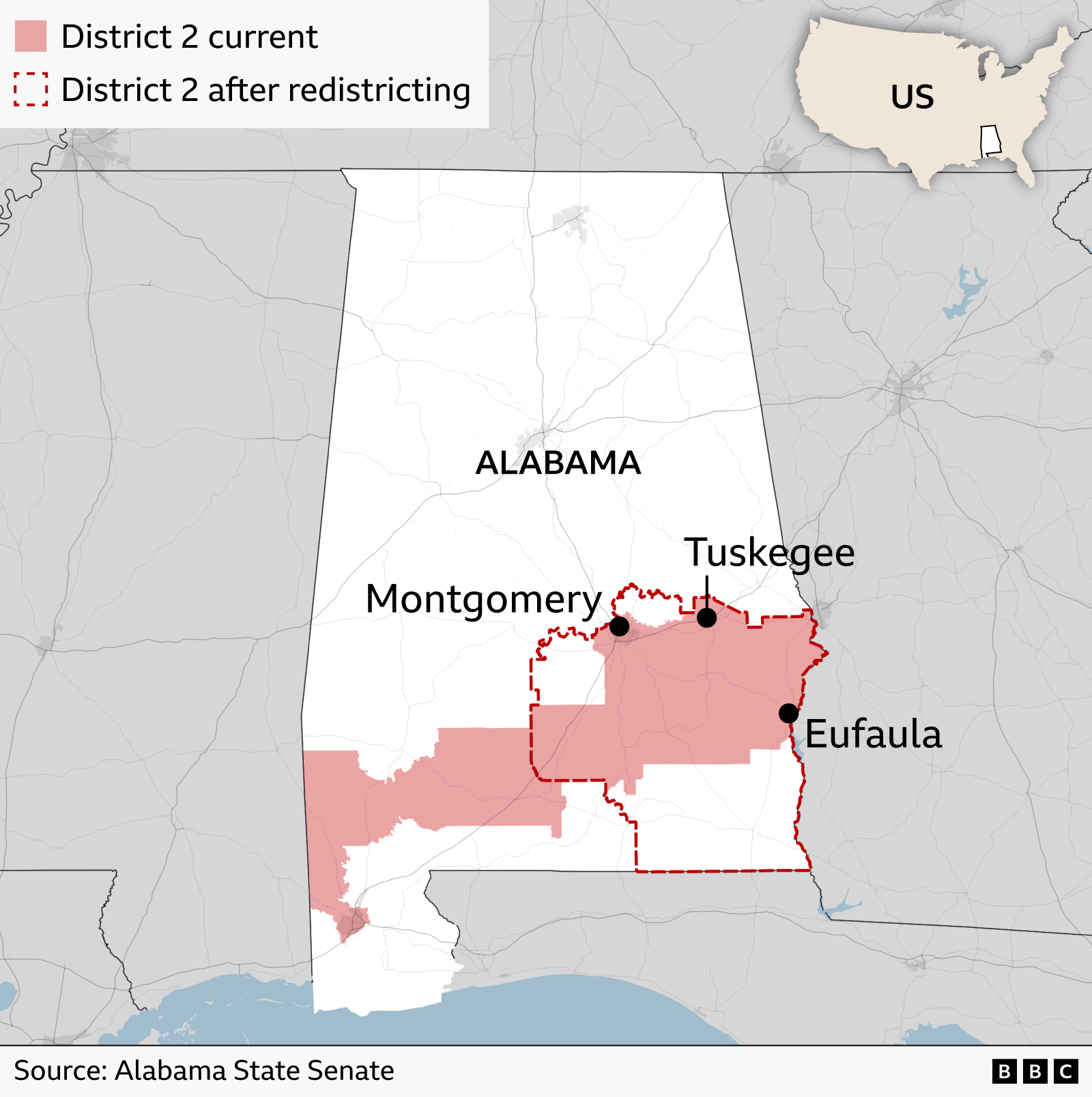 A map shows how district two is changing. The current map's district is shaded pink, and the new shape of the district is outlined in red. The cities of Tuskegee, Montgomery and Eufaula are noted on the map.
Source: Alabama state senate