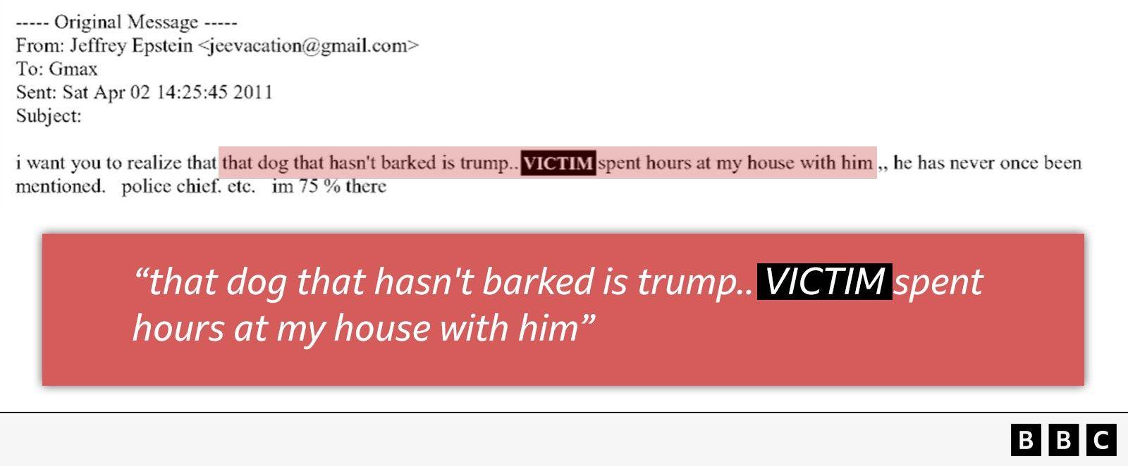Image shows an email exchange released as part of the files, with a highlighted line reading: "that dog that hasn't barked is Trump.. [VICTIM] spent hours at my house with him". 