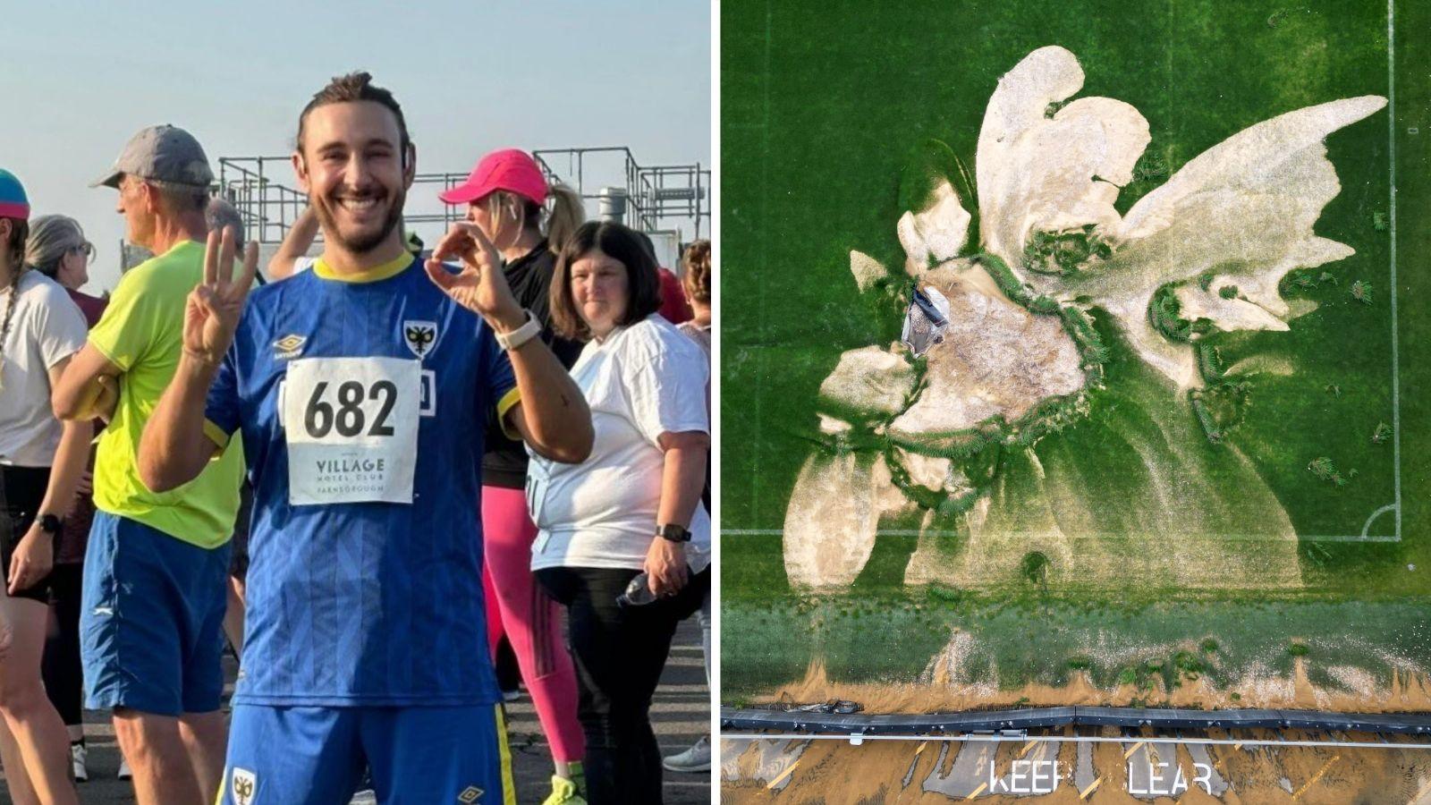 Graham Stacey, left, and an aerial view of the damaged Plough Lane pitch, right