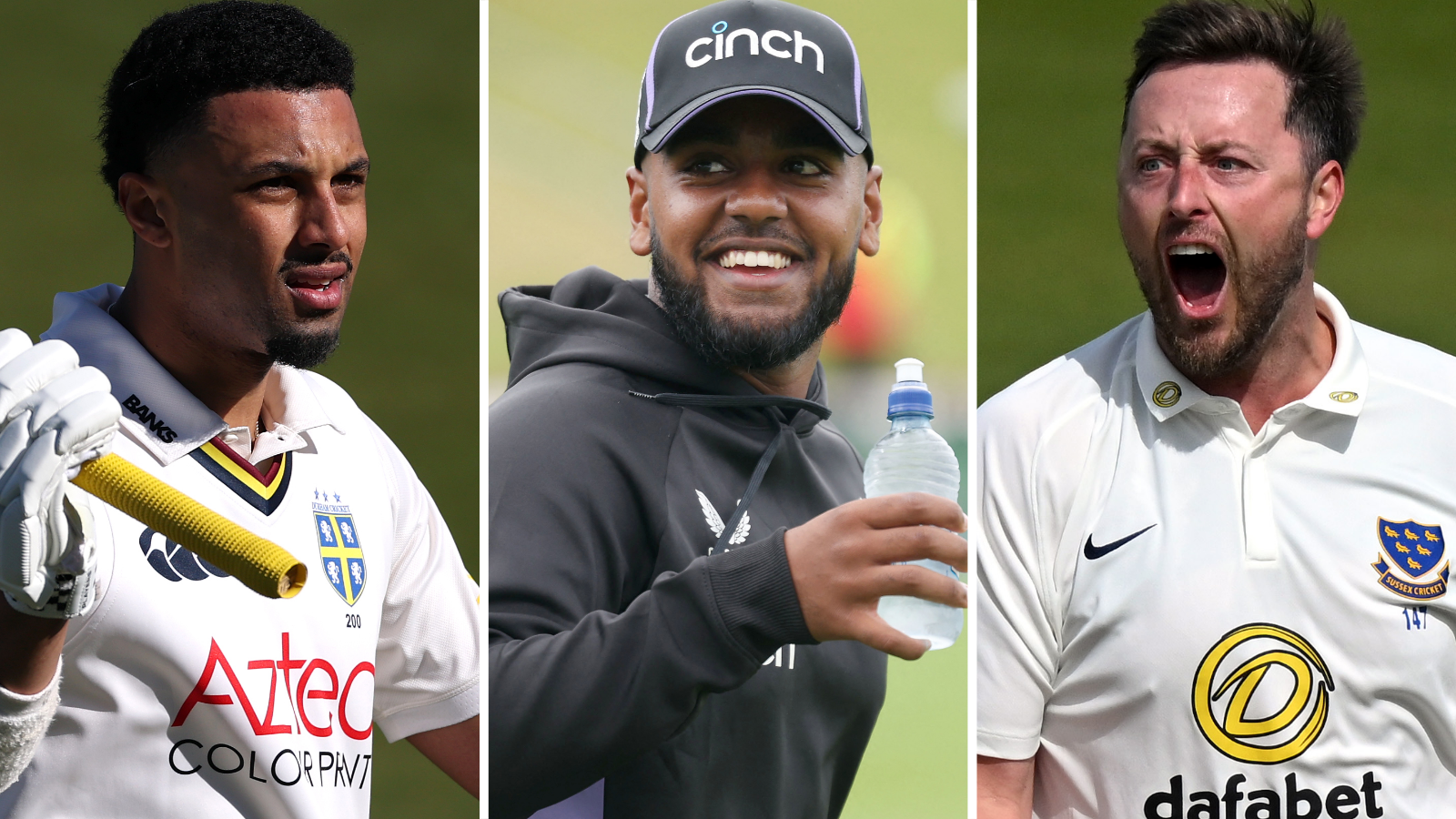 Action pictures of Emilio Gay, left, Rehan Ahmed, centre, and Ollie Robinson