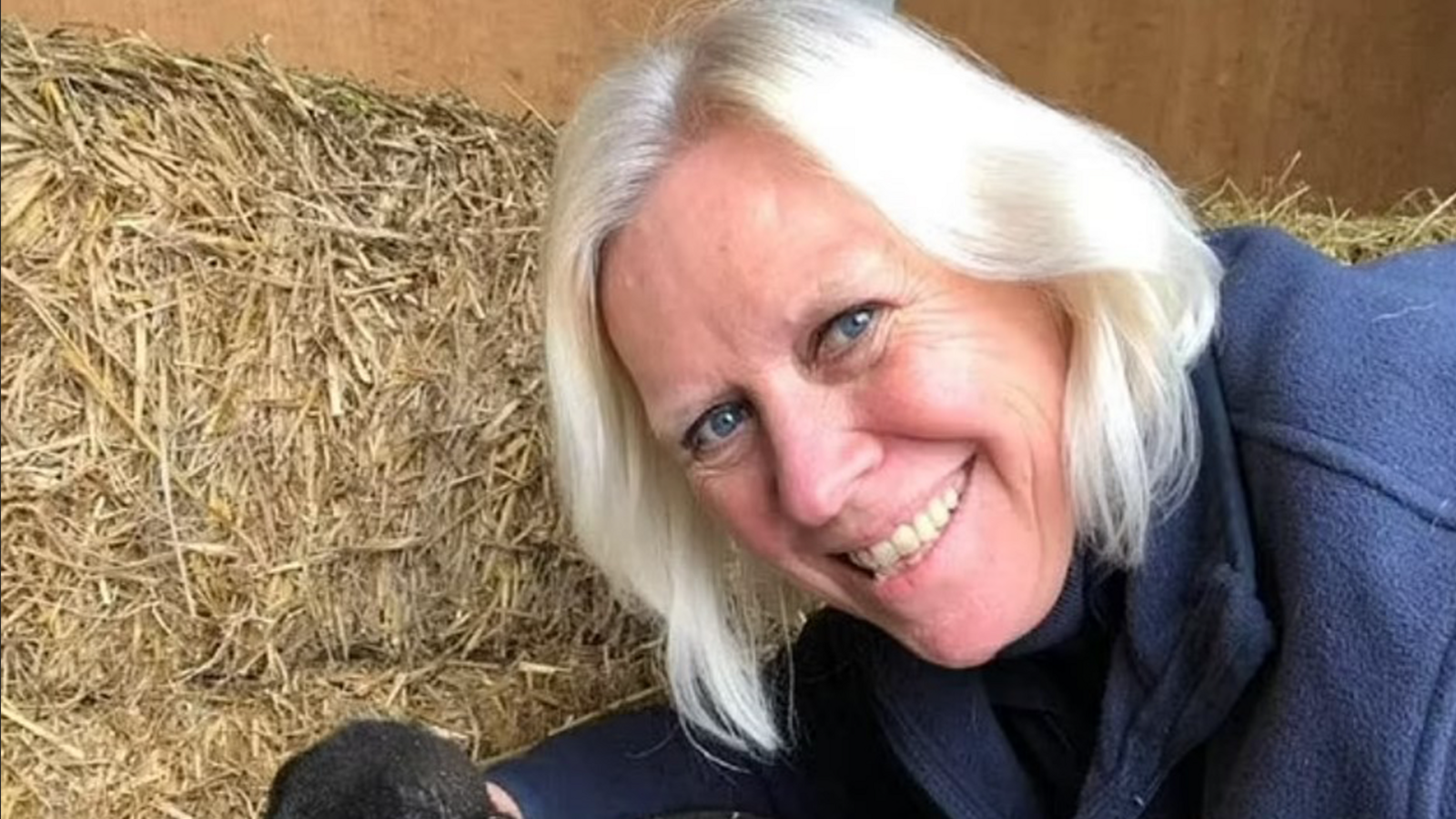 Wendy is looking at the camera and smiling. She has blonde or light grey hair and is wearing a navy jacket and is bending over touching a small animal.