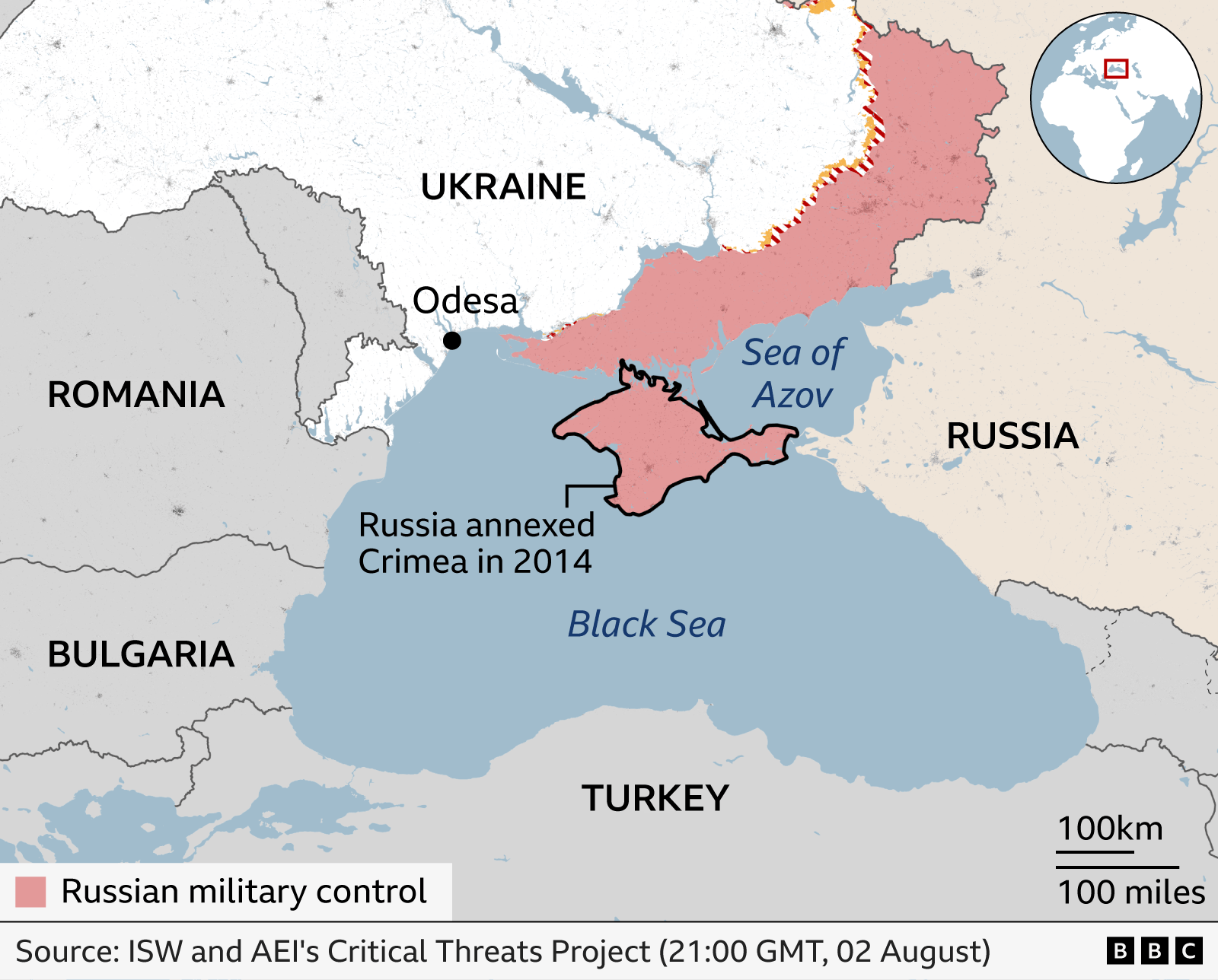 Map of southern Ukraine and the northern Black Sea showing areas under Russian military control in pink. The map highlights Russian-held territory stretching along Ukraine’s southeastern coast from the Sea of Azov westwards toward the Black Sea, including Crimea, which is outlined and labelled as having been annexed by Russia in 2014. Ukraine, Russia, Romania, Bulgaria and Turkey are labelled, along with the cities of Odesa and the Sea of Azov and Black Sea. A legend indicates that pink shading represents Russian military control as of 21:00 GMT on 2 August.