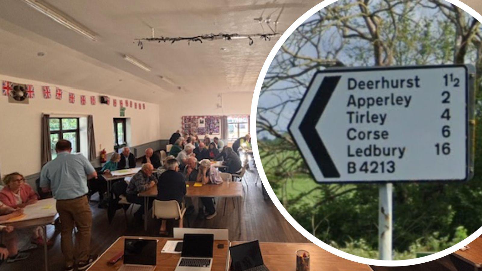 Deerhurst and Apperley sign and residents sitting down at the meeting.