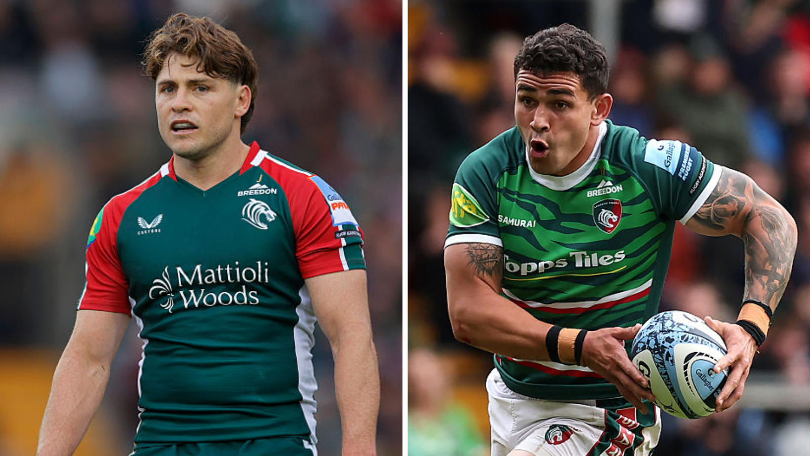 A split pic showing James O'Connor on the left and Izaia Perese, carrying a rugby ball, on the right. 