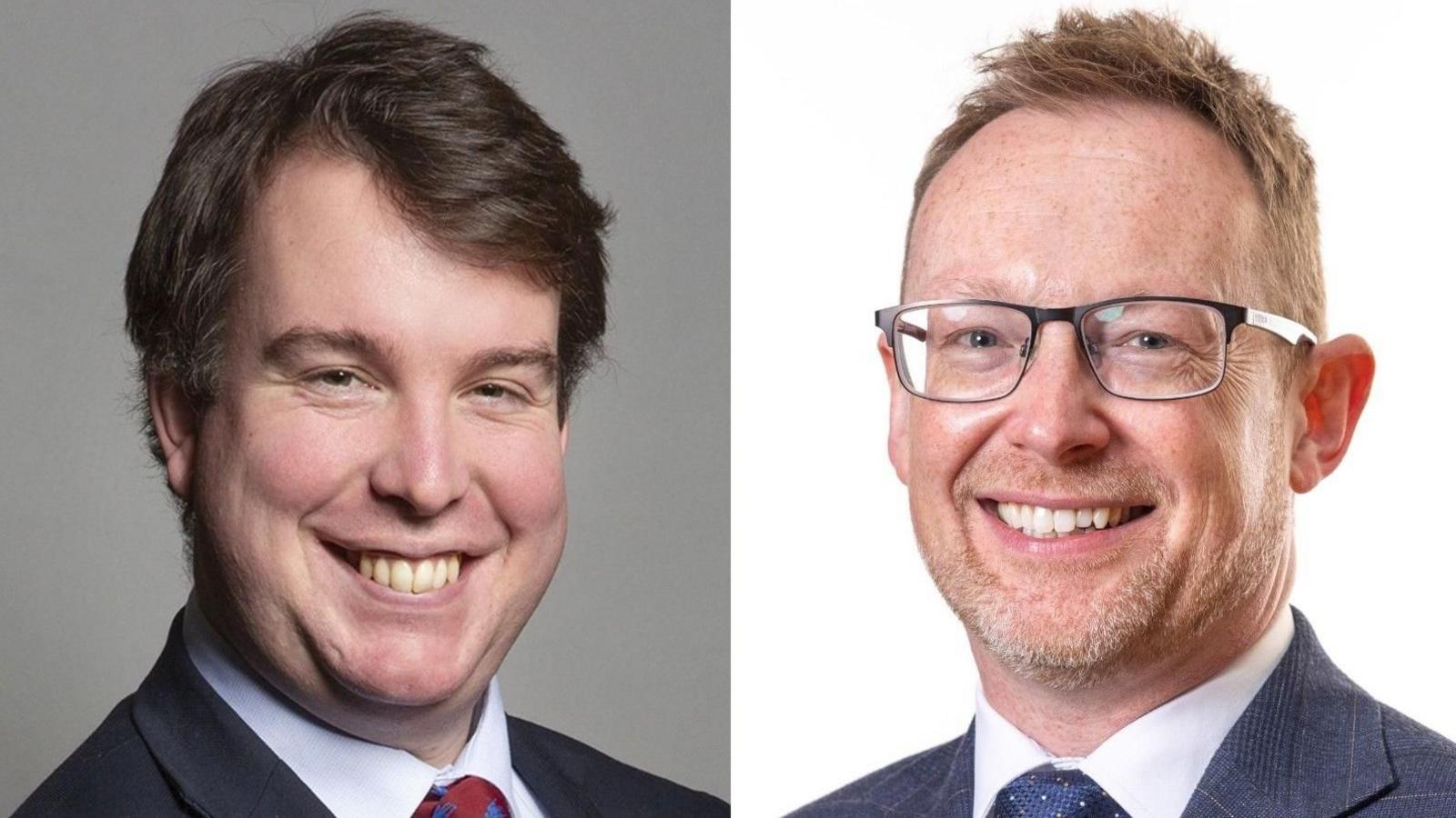 A split picture with Craig Williams on the left in a black suit and a red tie, and Russell George on the right with a blue suit and blue tie. Mr George is wearing glasses.