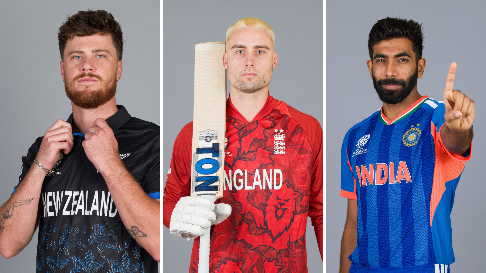 A split graphic of New Zealand's Finn Allen, England's Will Jacks and India's Jasprit Bumrah