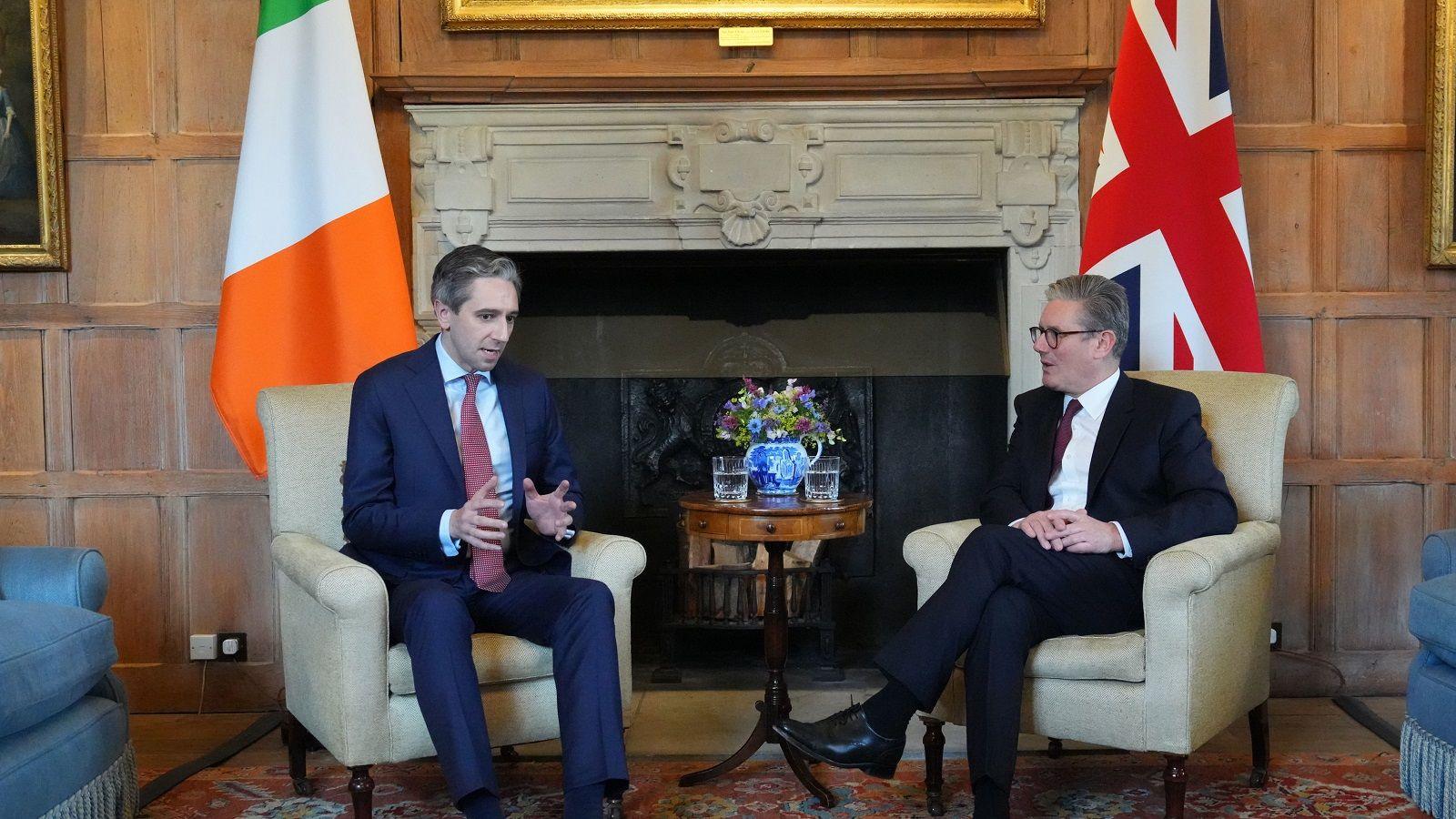 Prime Minister Keir Starmer and Irish Taoiseach Simon Harris talk during a bilateral meeting at Chequers, near Aylesbury