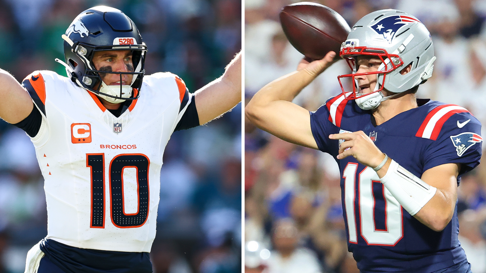 O Bo Nix de Denver Brooncos e o New England Patriots Drake Mei durante os Jogos da NFL de domingo