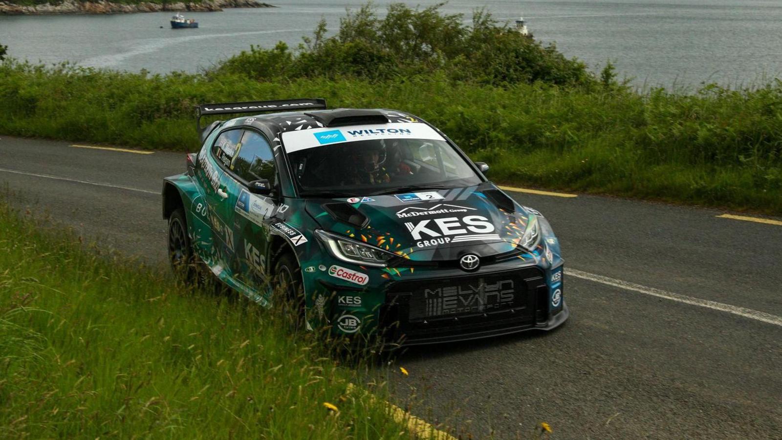 Kris Meeke and Liam Regan turn a corner in their Toyota with the back end of the car slightly sliding out