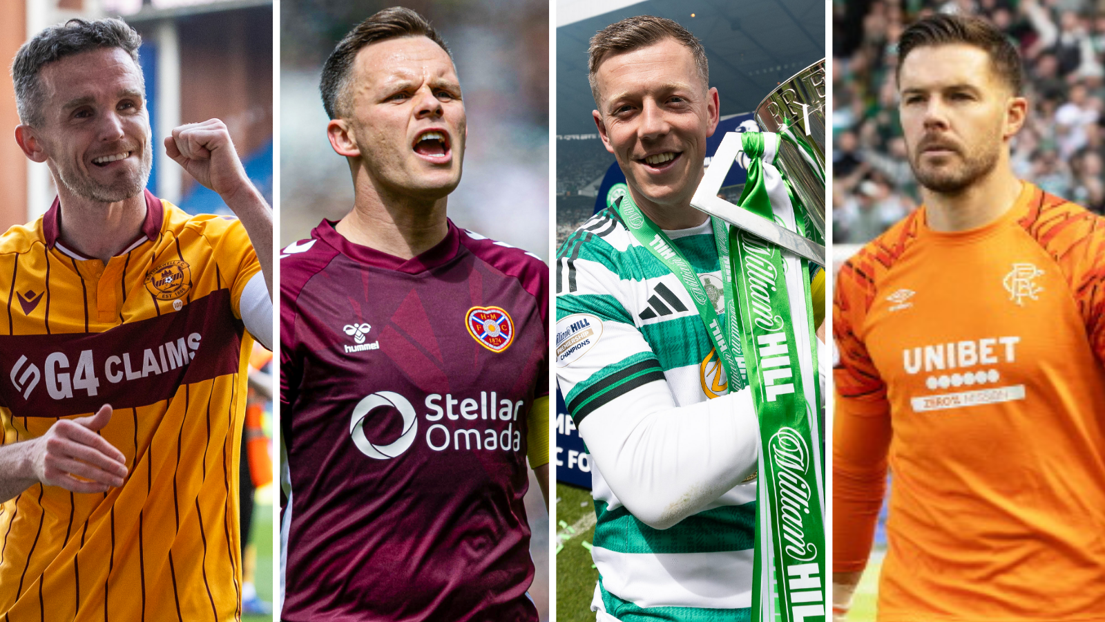 Motherwell's Paul McGinn, Hearts' Lawrence Shankland, Celtic's Callum McGregor and Rangers' Jack Butland