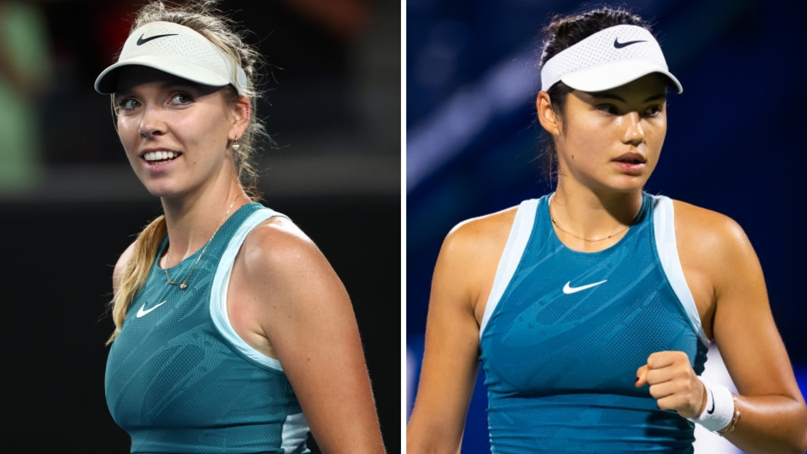 Katie Boulter smiles and Emma Raducanu holds up her fist