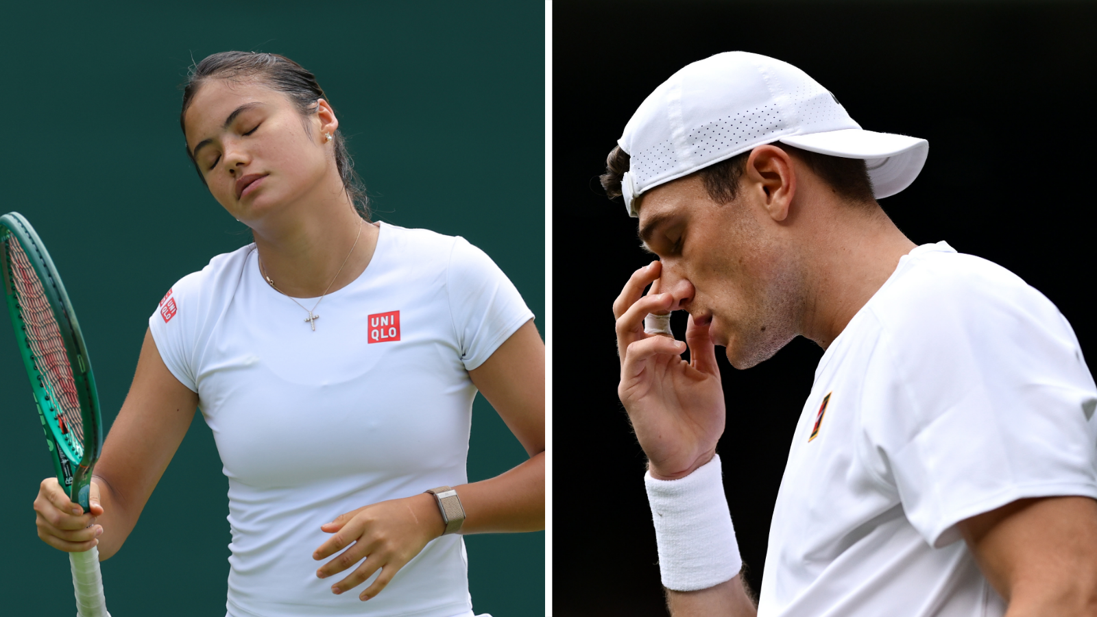 A split screen of Emma Raducanu and Jack Draper looking disappointed