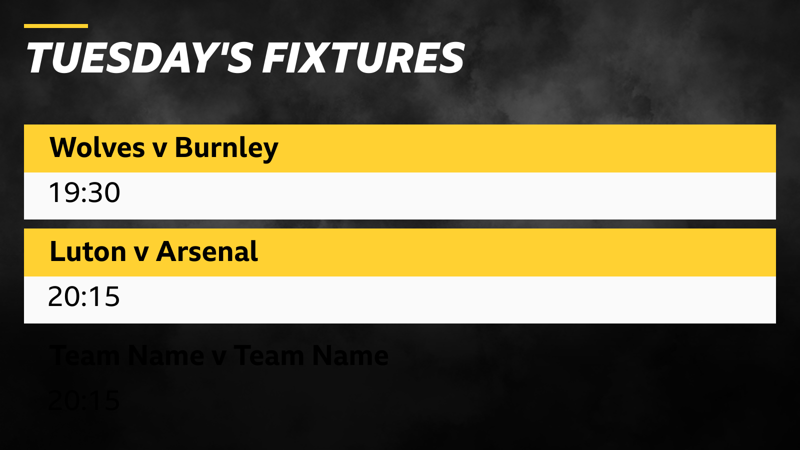 Tuesday's Fixtures - Wolves v Burnley at 19:30 and Luton v Arsenal at 20:15