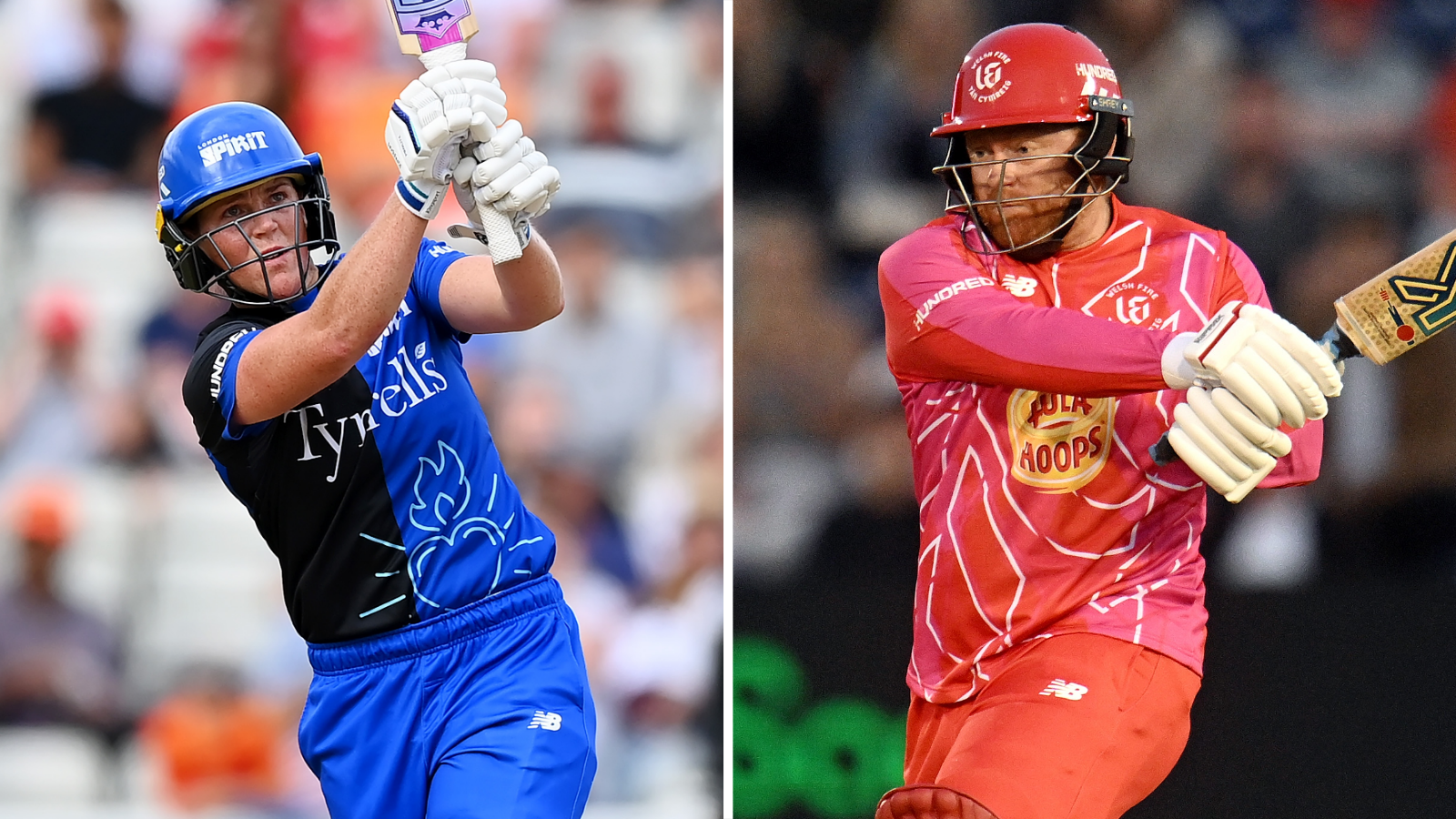 Split graphic of London Spirit's Grace Harris and Welsh Fire's Jonny Bairstow