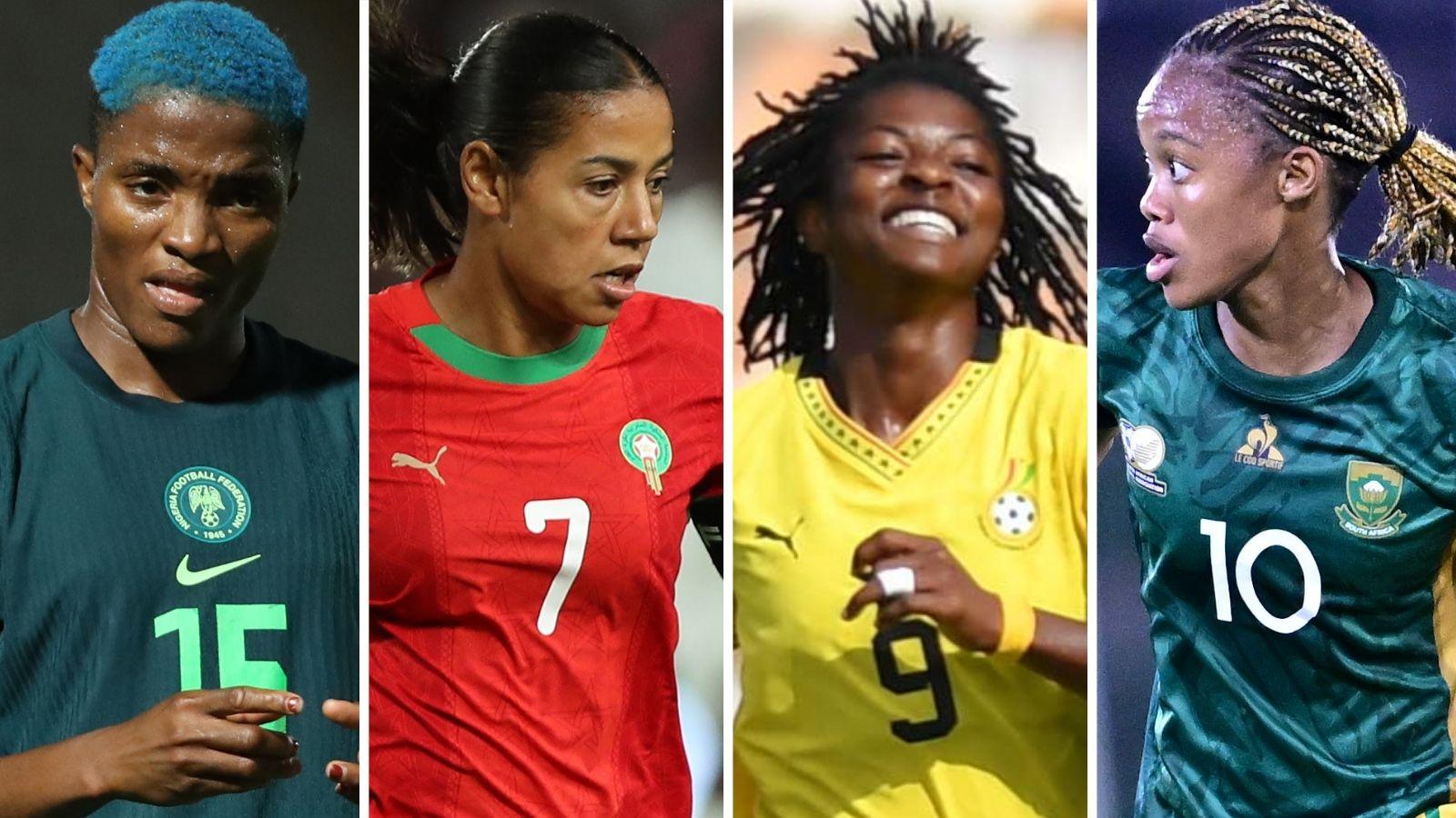 A composite image split into four vertical columns showing, from left to right, Rasheedat Ajibade, Ghizlane Chebbak, Doris Boaduwaa and Linda Motlhalo playing football for their countries