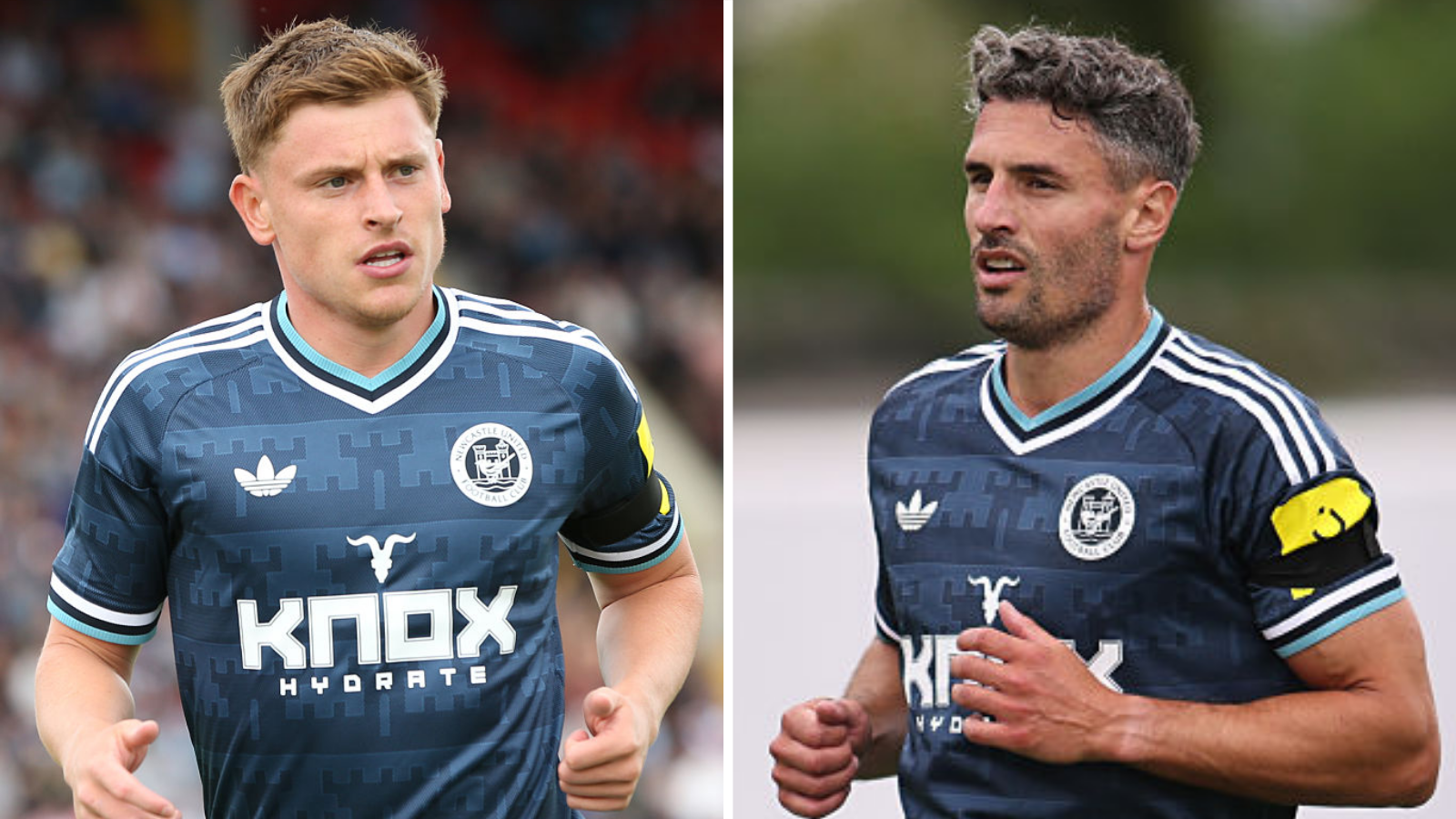 A split graphic of Harvey Barnes and Fabian Schar