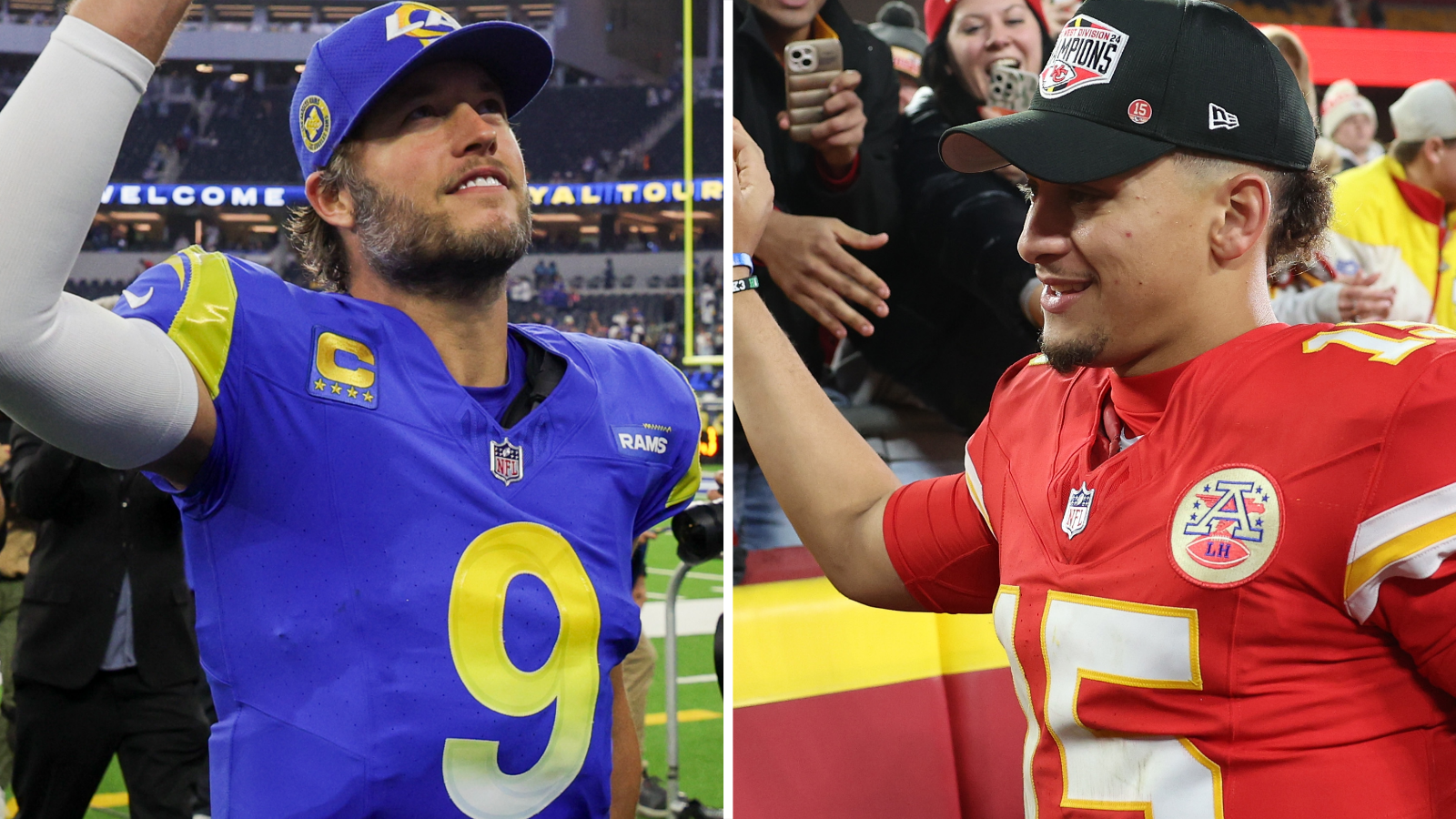 Matthew Stafford of the Los Angeles Rams and Patrick Mahomes of the Kansas City Chiefs observe  with the fans