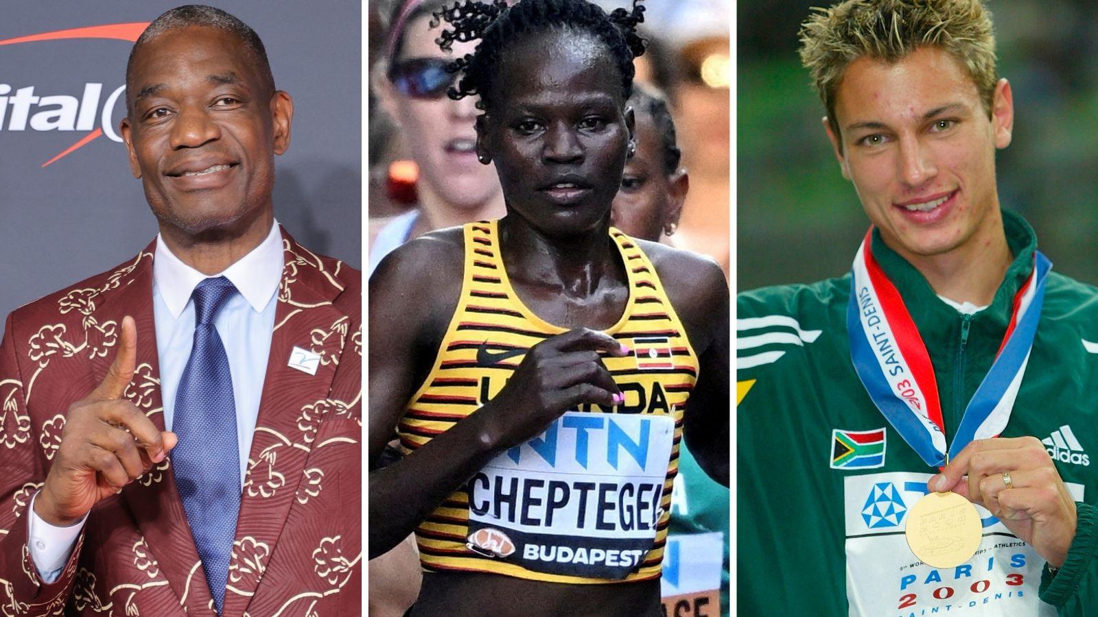 A triptych showing Dikembe Mutombo holding his right index finger aloft while wearing a colourful red suit and blue shirt and tie, Rebecca Cheptegei running in a yellow and black striped Uganda vest and Jacques Freitag in a green South Africa tracksuit jacket while holding a gold medal on a red, while and blue ribbon