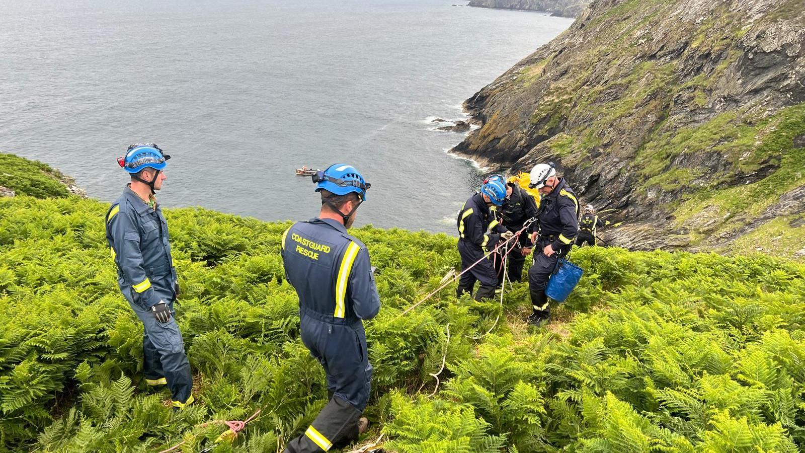 Coastguards attached to a rope walk through fern and are attached to a rope on a cliff edge, they wear protective wear and helmets.