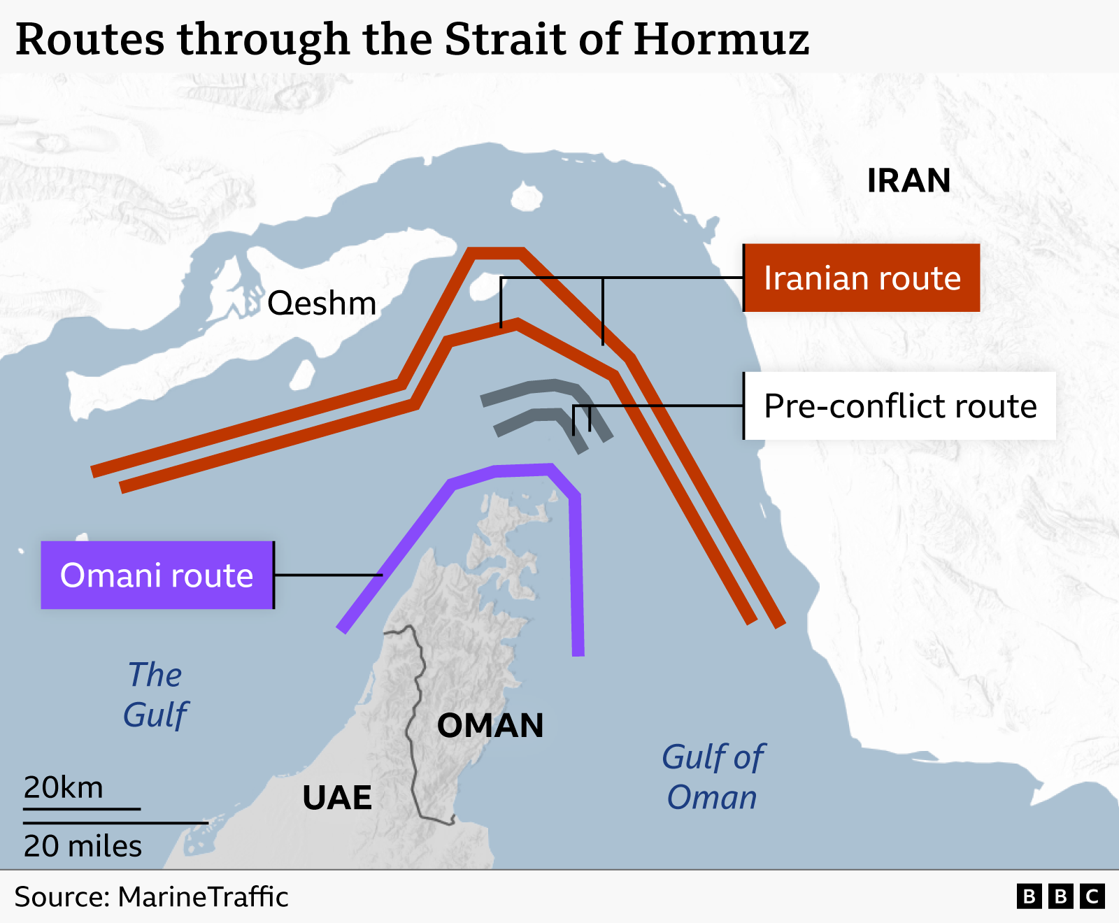 A map showing the routes through the Strait of Hormuz