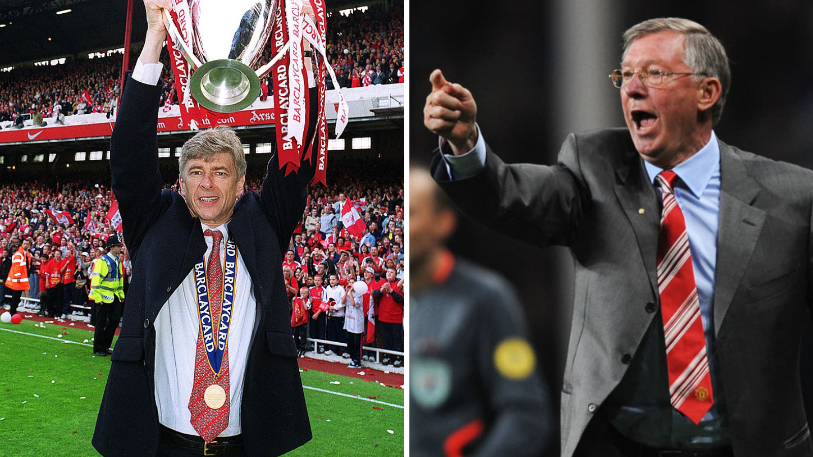 Arsene Wenger (left) holds the Premier League trophy as Sir Alex Ferguson (right) points wearing a suit
