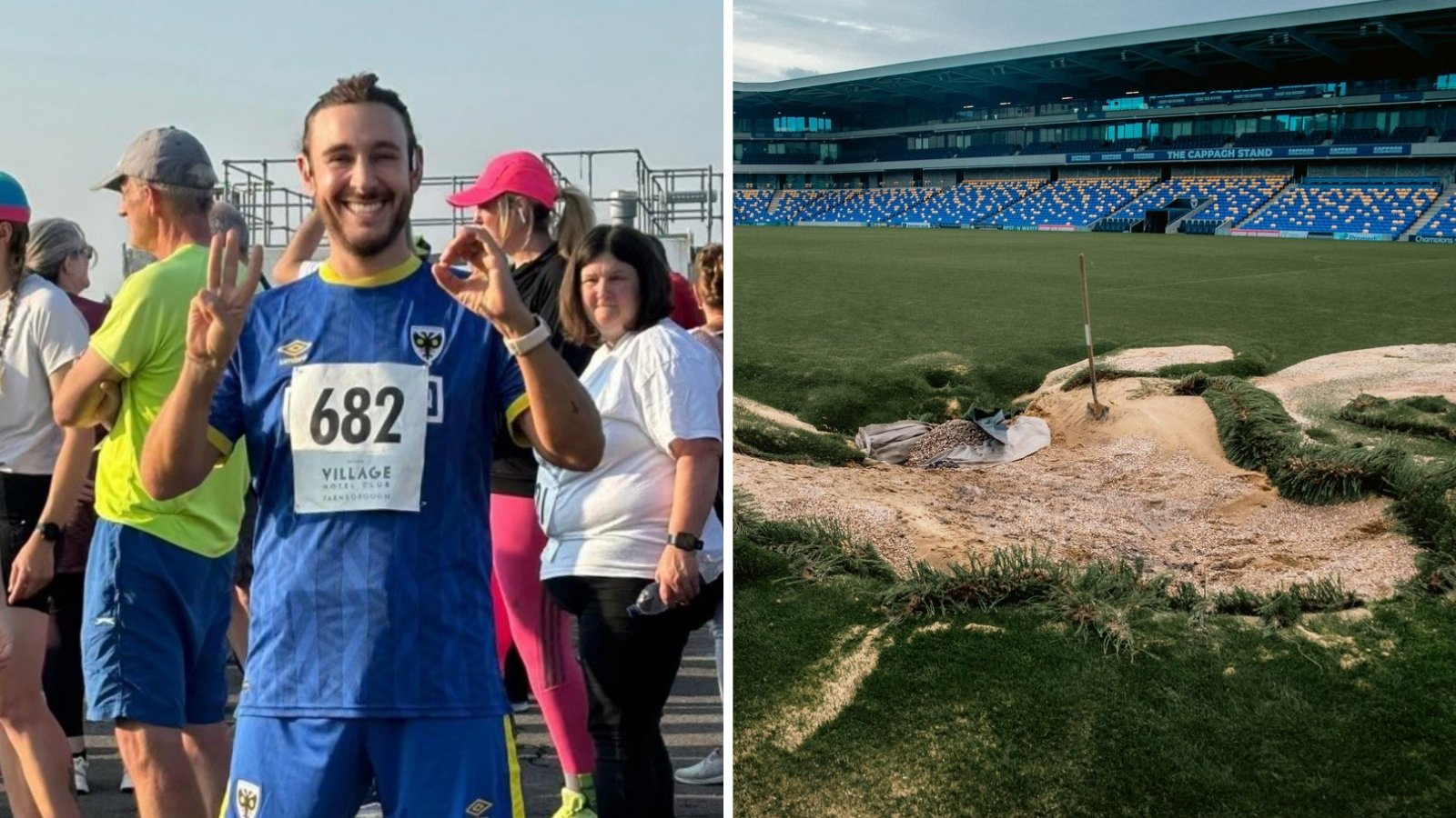 Left, Graham Stacey wearing an AFC Wimbledon kit, and, right, the damaged pitch at Plough Lane