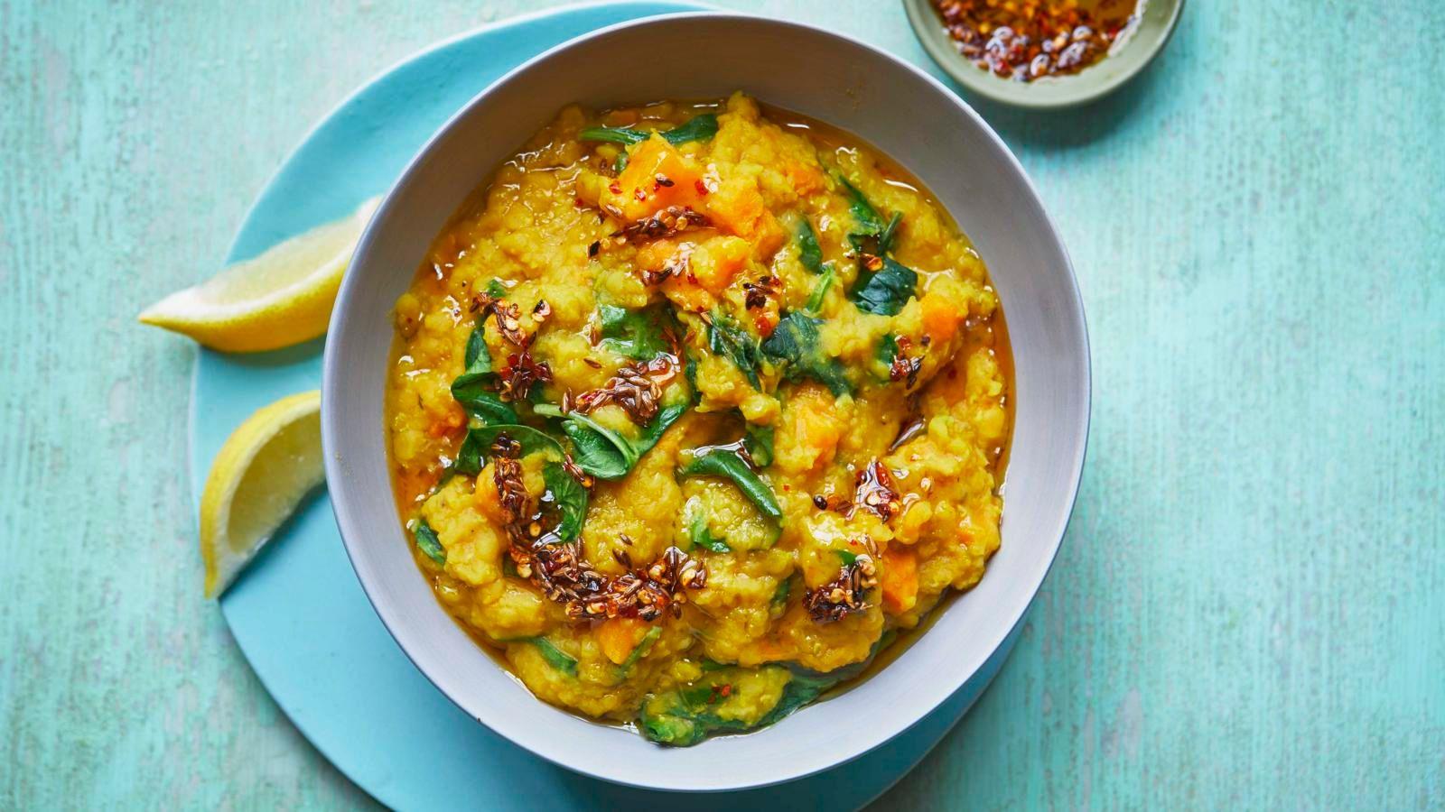 Microwave spinach and sweet potato dal