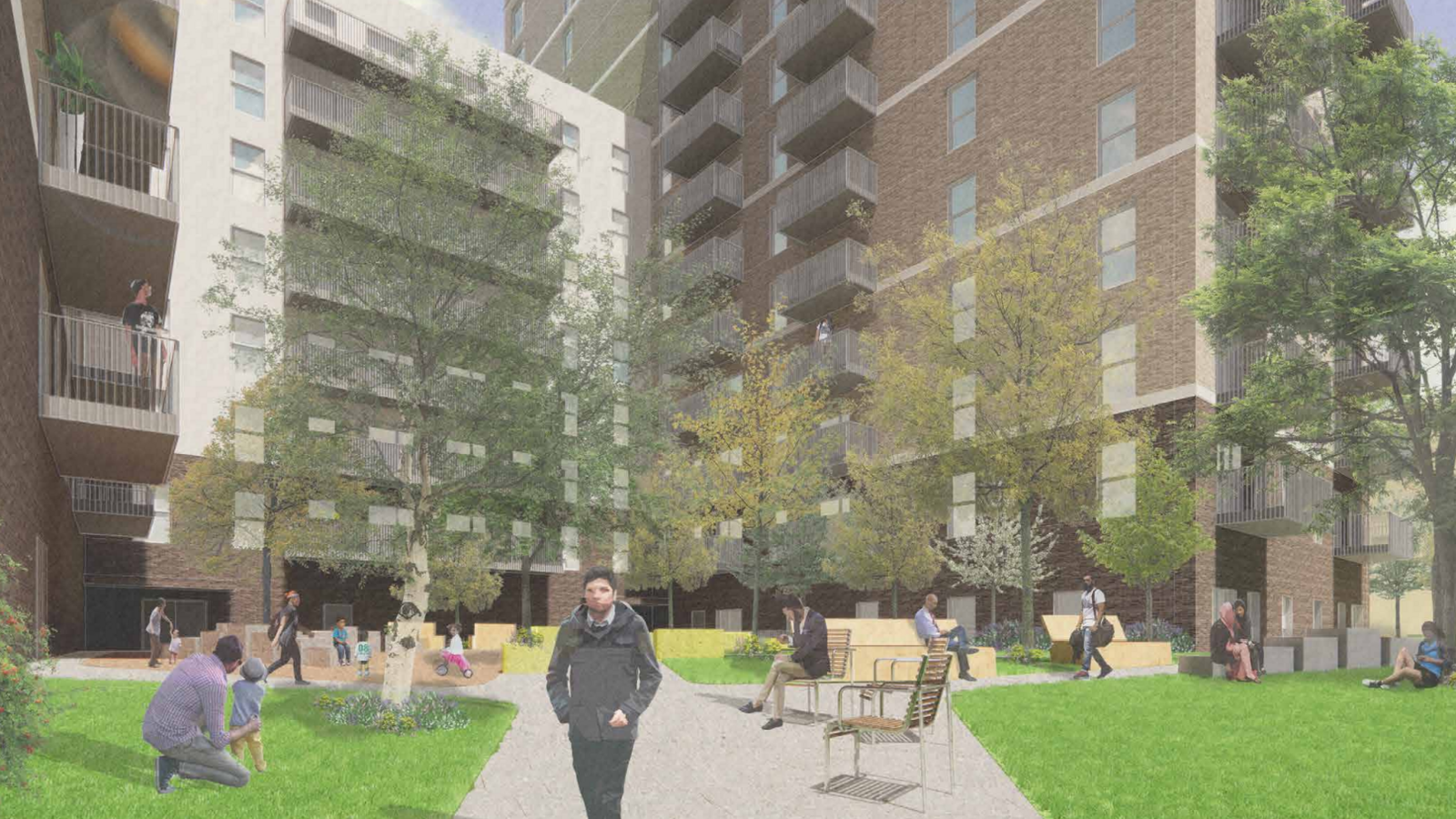 A sketch of what the residential blocks could look like with people walking around an open green space in front of them which have lots of public seeting.