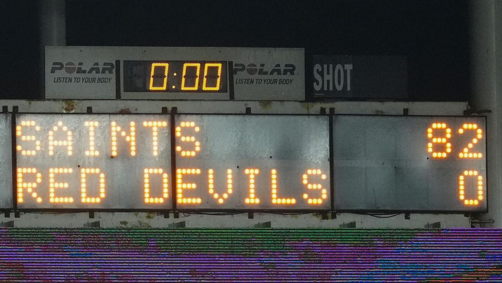 A scoreboard at St Helens' Totally Wicked Stadium showing St Helens 82-0 Salford Red Devils