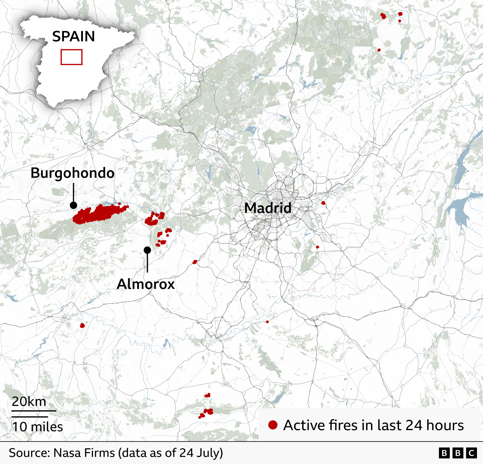 Map of central Spain showing active wildfires recorded in the last 24 hours. Red dots and clusters mark fire locations, with the largest concentrations west of Madrid near Burgohondo and Almorox, both labelled. Madrid is labelled near the centre of the map. An inset map of Spain in the upper left highlights the region’s location. The legend indicates that red marks represent Active fires in last 24 hours. Source: Nasa Firms data as of 24 July.