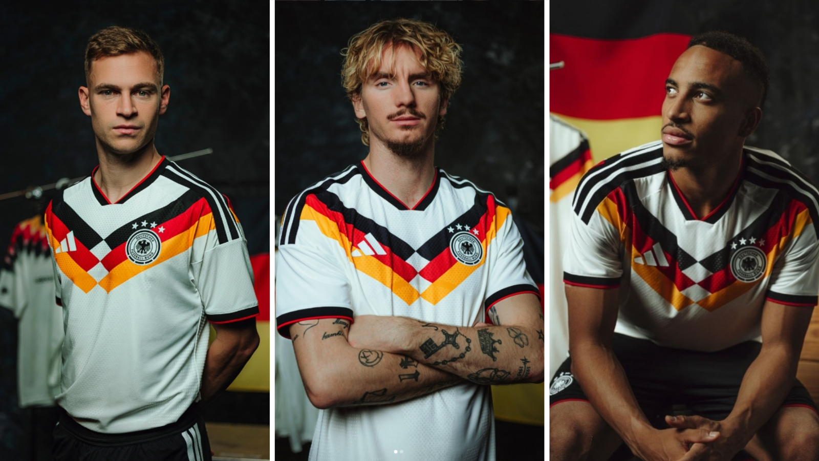 Joshua Kimmich (left), Nick Woltemade (middle) and Jamie Leweling (right) wear 2026 Germany home kit.