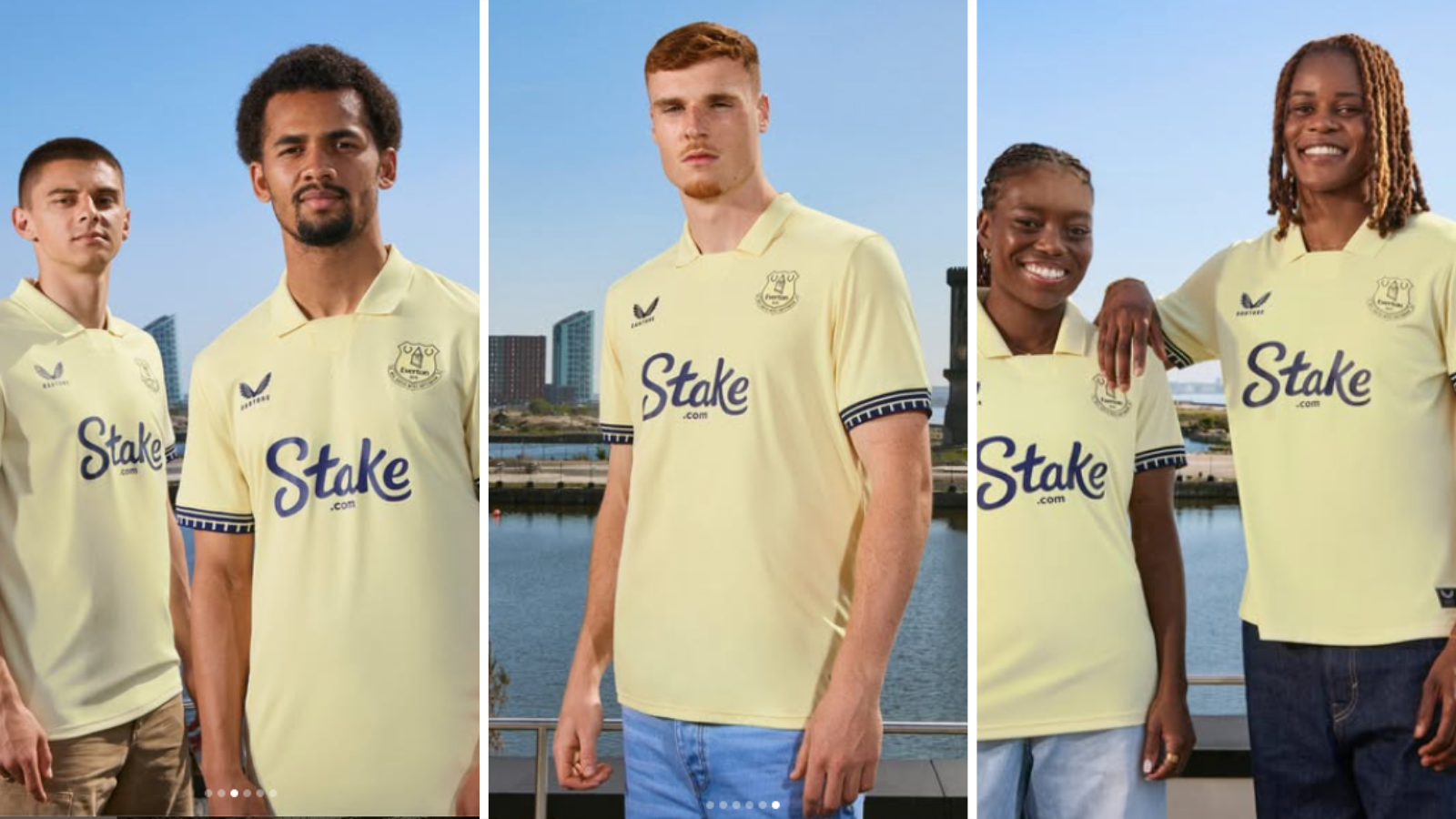 Vitalii Mykolenko, Iliman Ndiaye, Jake O’Brien, Toni Payne and Kelly Gago wear new Everton away kit.
