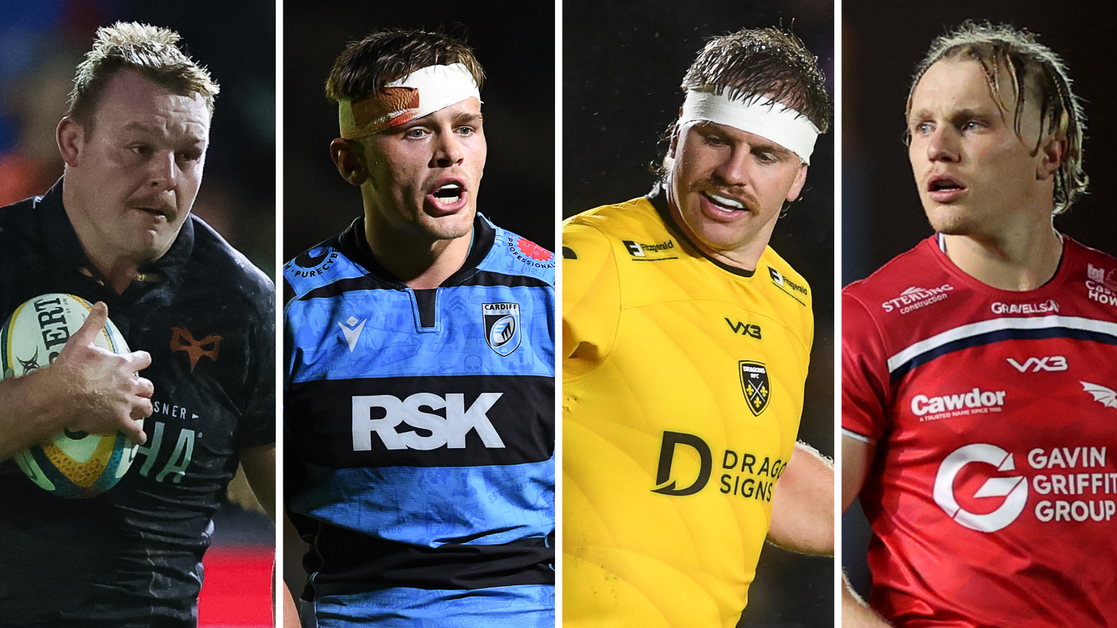 Dewi Lake, Alex Mann, Aaron Wainwright and Blair Murray in action for Ospreys, Cardiff, Dragons and Scarlets respectively