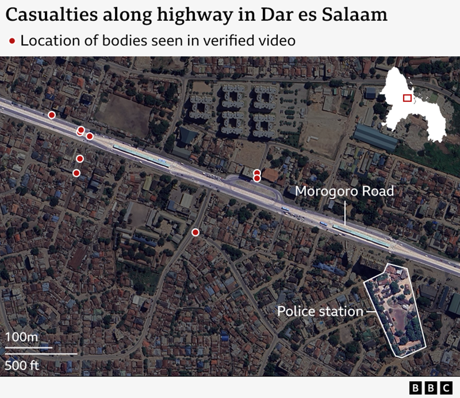 A satellite map of central Dar es Salaam showing the Morogoro Road, marking the position of bodies seen in verified video