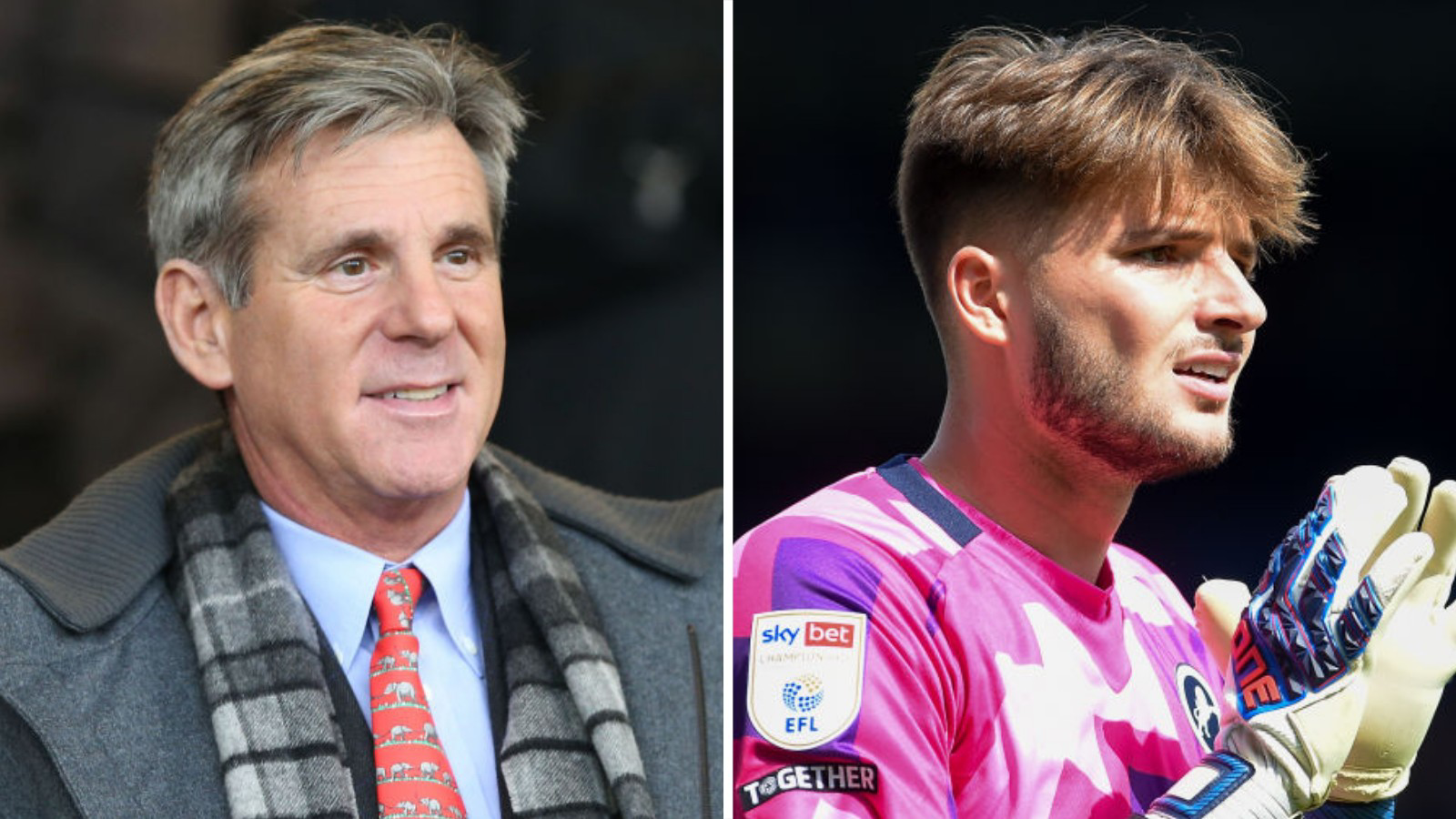A split image of John Berylson, left, dressed in a suit with a blue shirt, red patterned tie, and wearing a grey coat and checked grey and black scarf, next to an image of Matija Sarkic, wearing a pink Millwall goalkeeper jersey and goalkeeper gloves, holding his hands up ready to catch a football