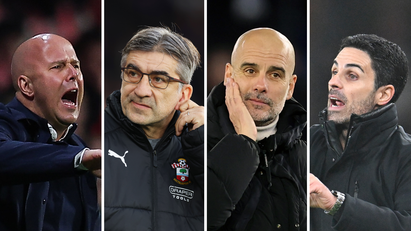 Liverpool manager Arne Slot, Southampton manager Ivan Juric, Manchester City manager Pep Guardiola, and Arsenal manager Mikel Arteta